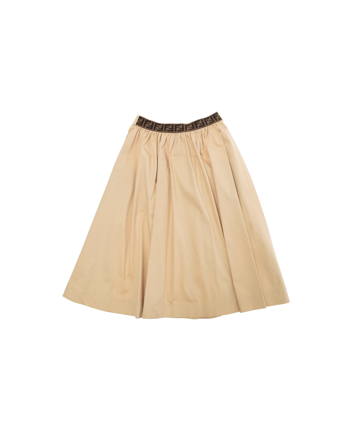 Fendi Beige Skirt With Logo Patch On The Front And Logo Detail On The Waist In Cotton Girl - Beige
