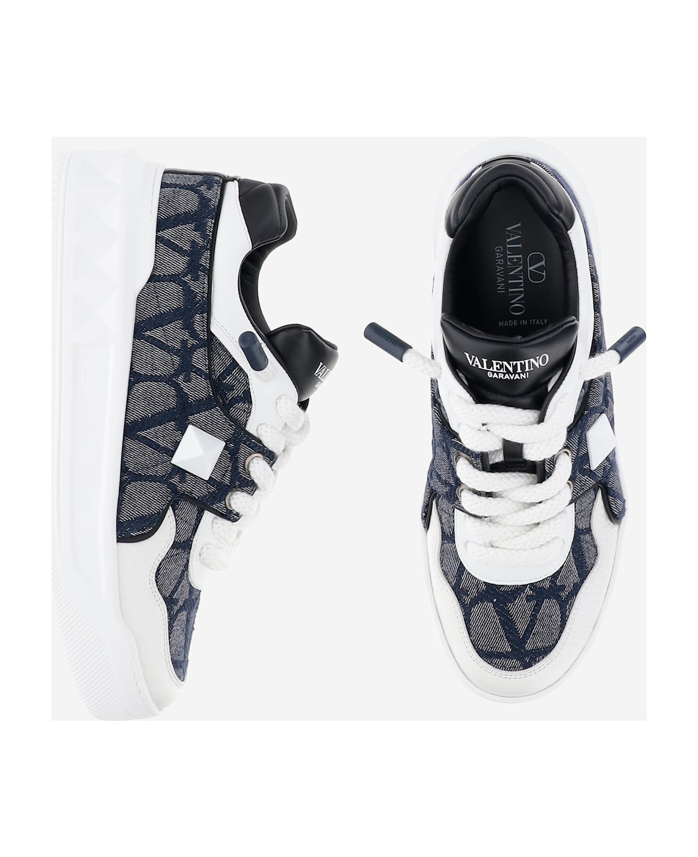 Valentino Garavani Low-top One Stud Xl Sneakers In Nappa Leather And Jacquard Fabric Toile Iconographe With Denim Effect - Red