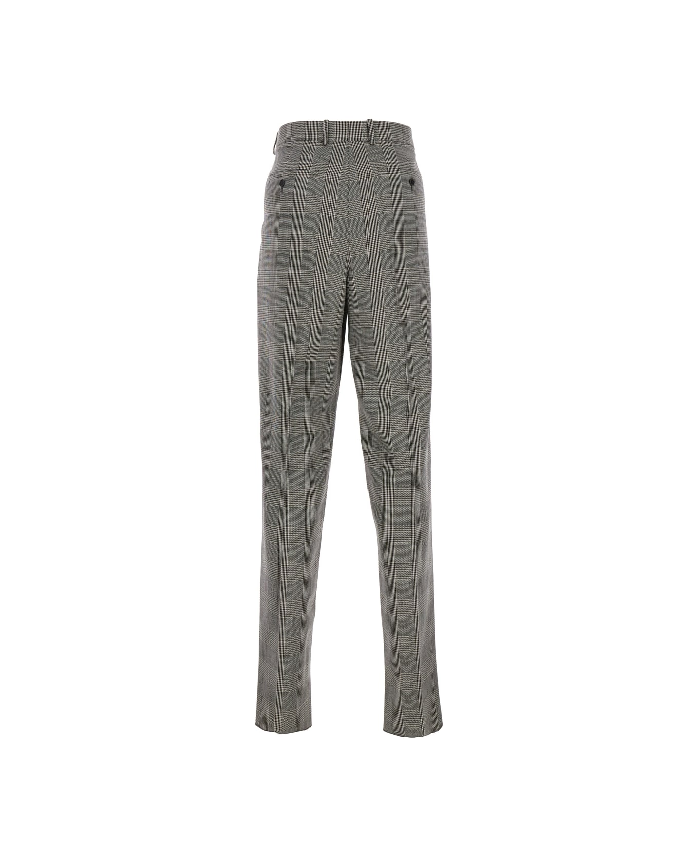 Saint Laurent Grey High Waisted Pants With All-over Prince Of Wales Motif In Wool Man - Grey