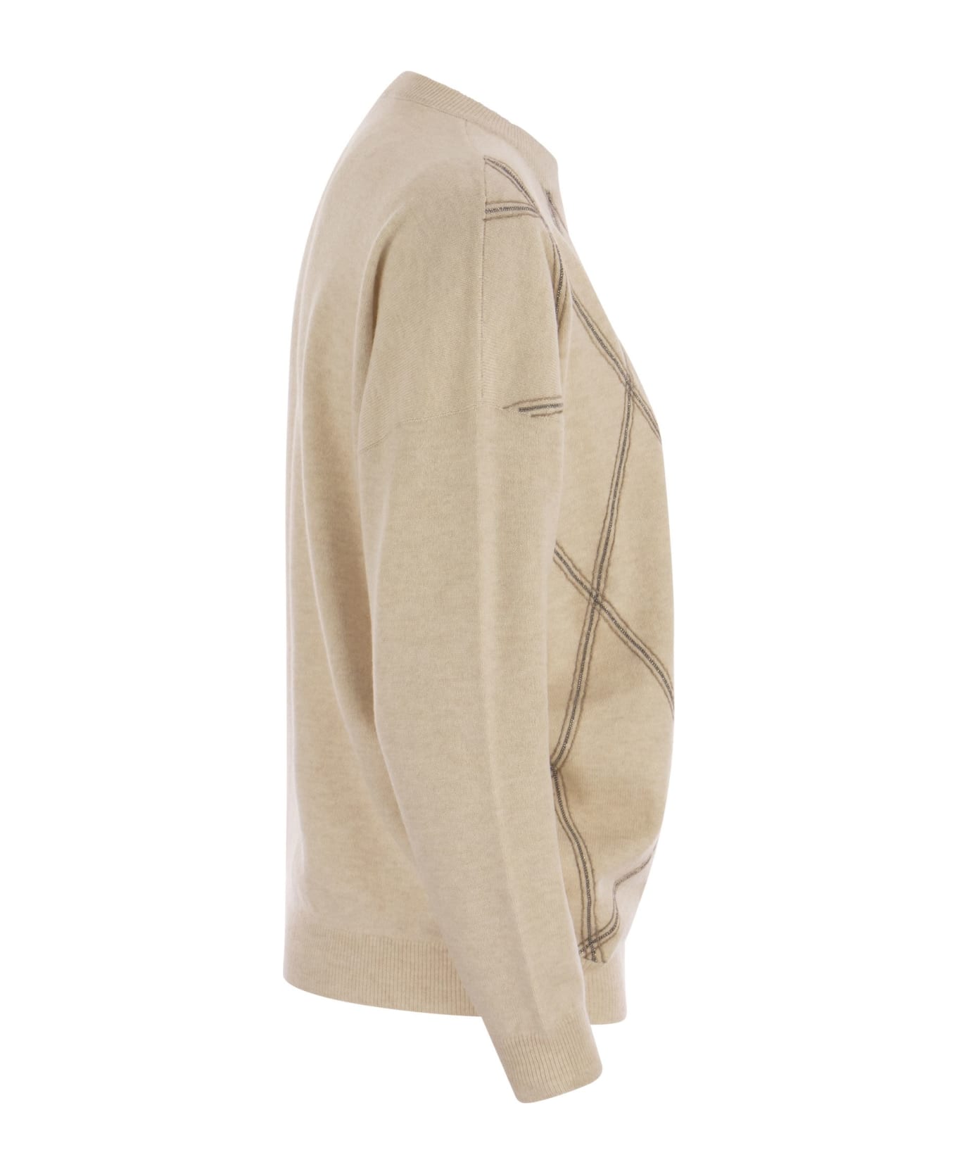 Brunello Cucinelli Crewneck Sweater In Fine Wool, Cashmere And Silk With Diamond Pattern - Sand
