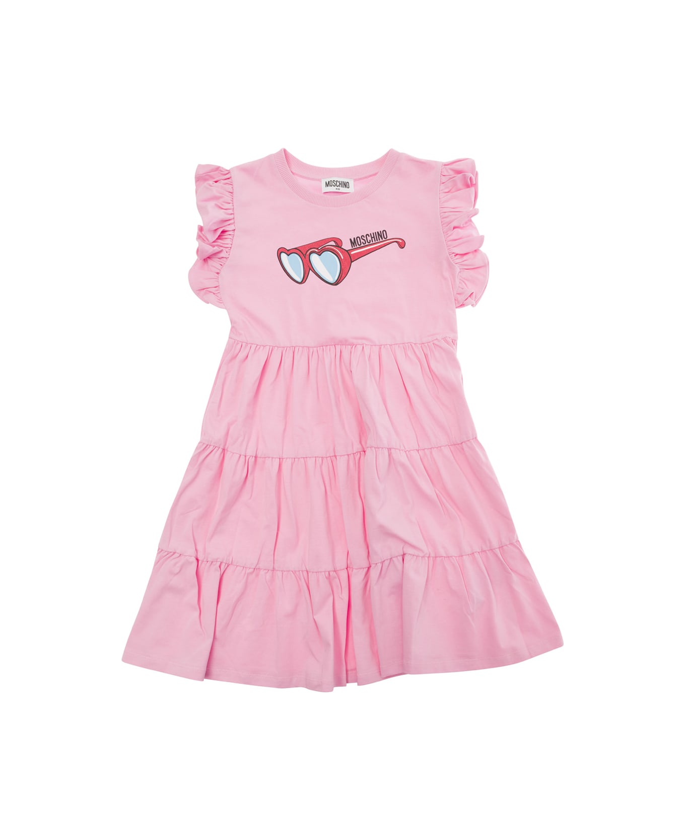 Moschino Pink Flounced Dress With Sunglasses Print In Stretch Cotton Girl - Pink