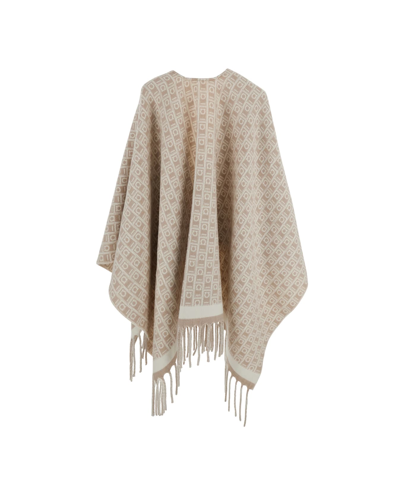 Ferragamo Beige Crewneck Cape With Fringed Hem And All-over Gancini Embroidery In Wool Woman - Beige