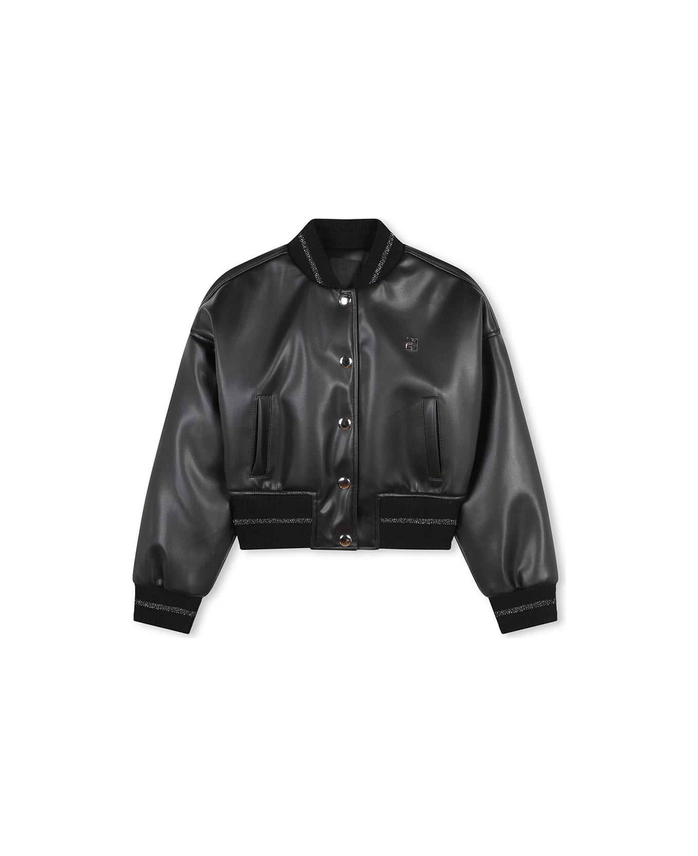 Givenchy Faux Leather Bomber Jacket In Black With Lurex Logo - Black