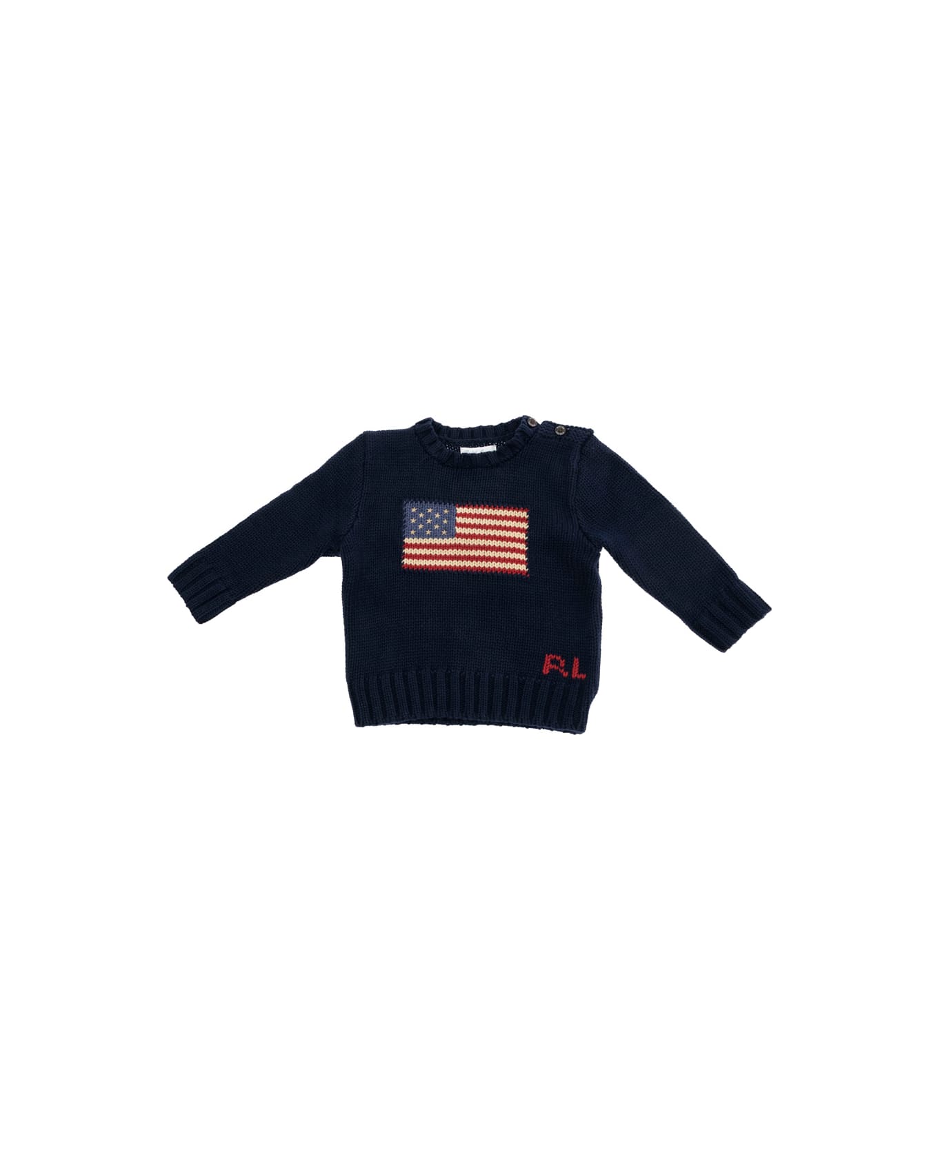 Polo Ralph Lauren Blue Crewneck Sweater With Embroidery On The Front And Button Closure On The Sleeve In Cotton Baby - Blu