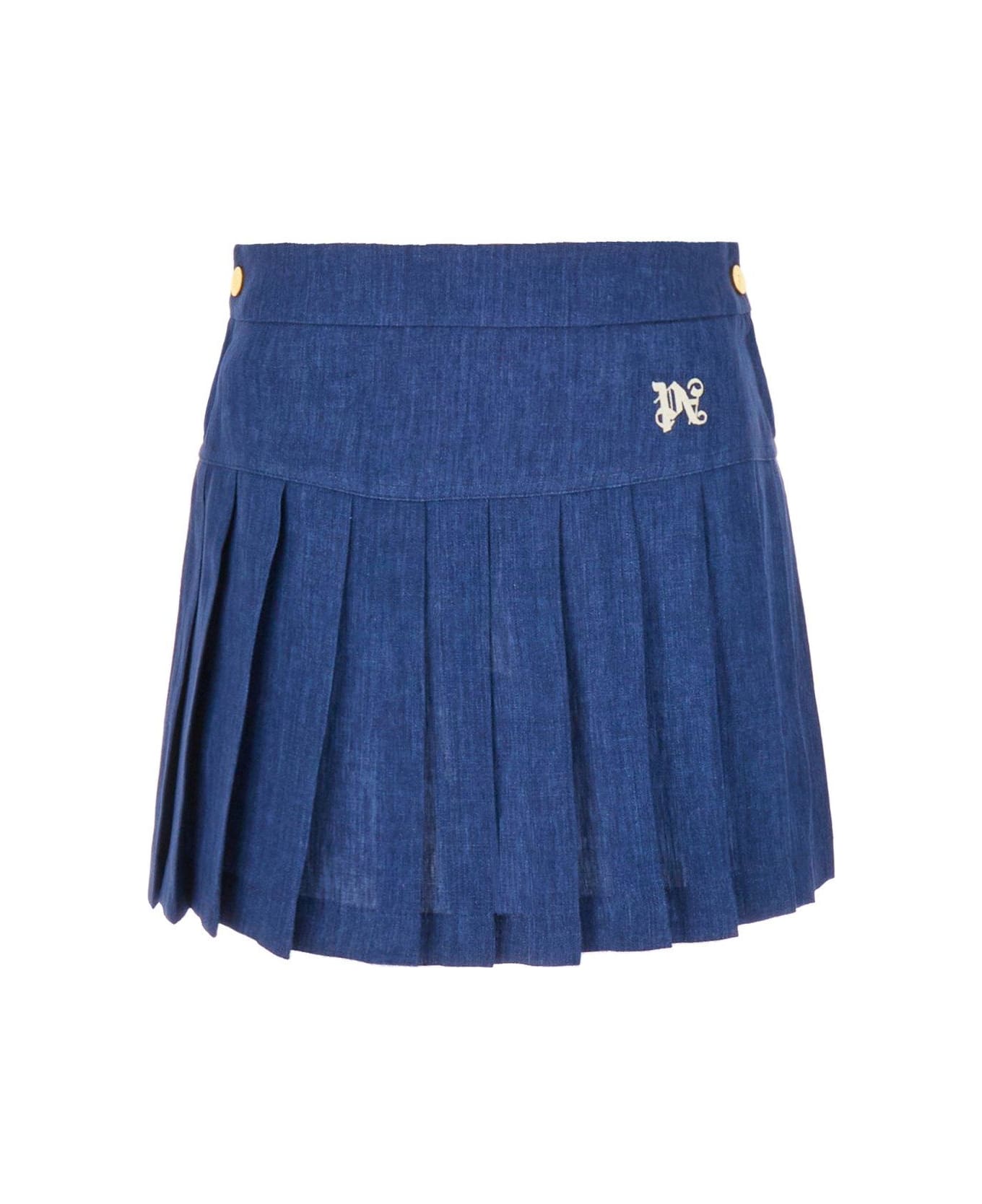 Palm Angels Logo-embroidered Pleated Mini Skirt - Blue