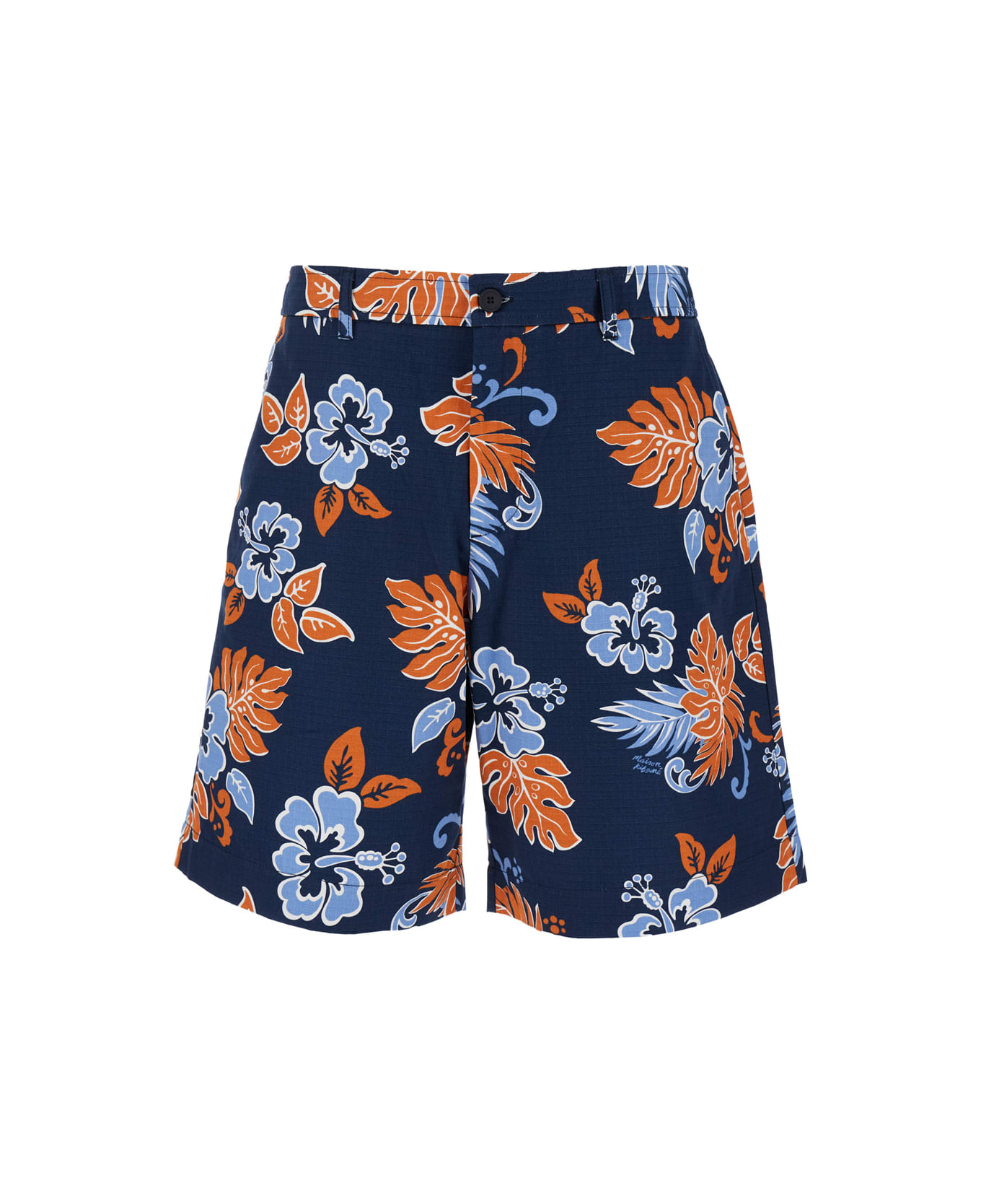 Maison Kitsuné Blue Bermuda Shorts With Floral Print In Cotton Man - Blu