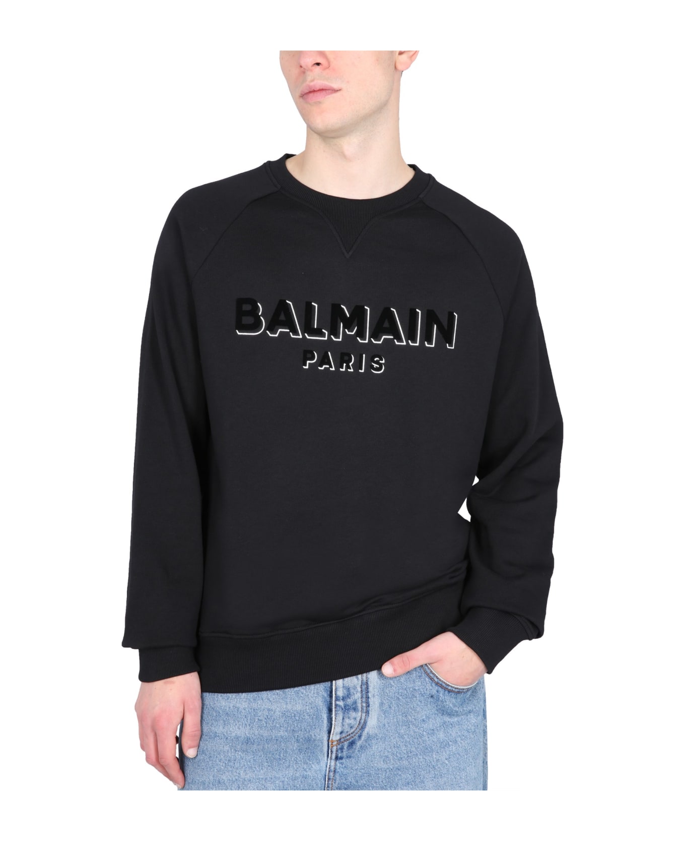 Balmain Crewneck Sweatshirt With 3d Effect Logo Print In Organic Cotton Man - Black フリース