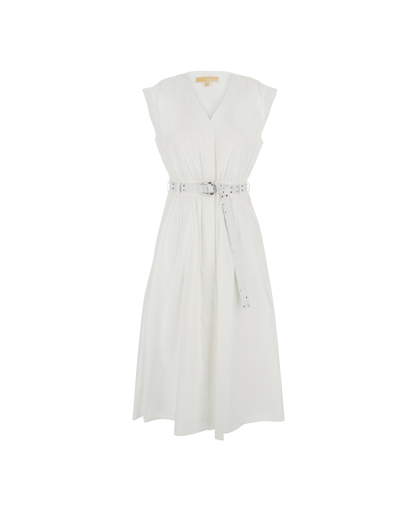 MICHAEL Michael Kors White Sleeveless Long Dress With V Neck And Adjustable Belt In Cotton Stretch Woman - White