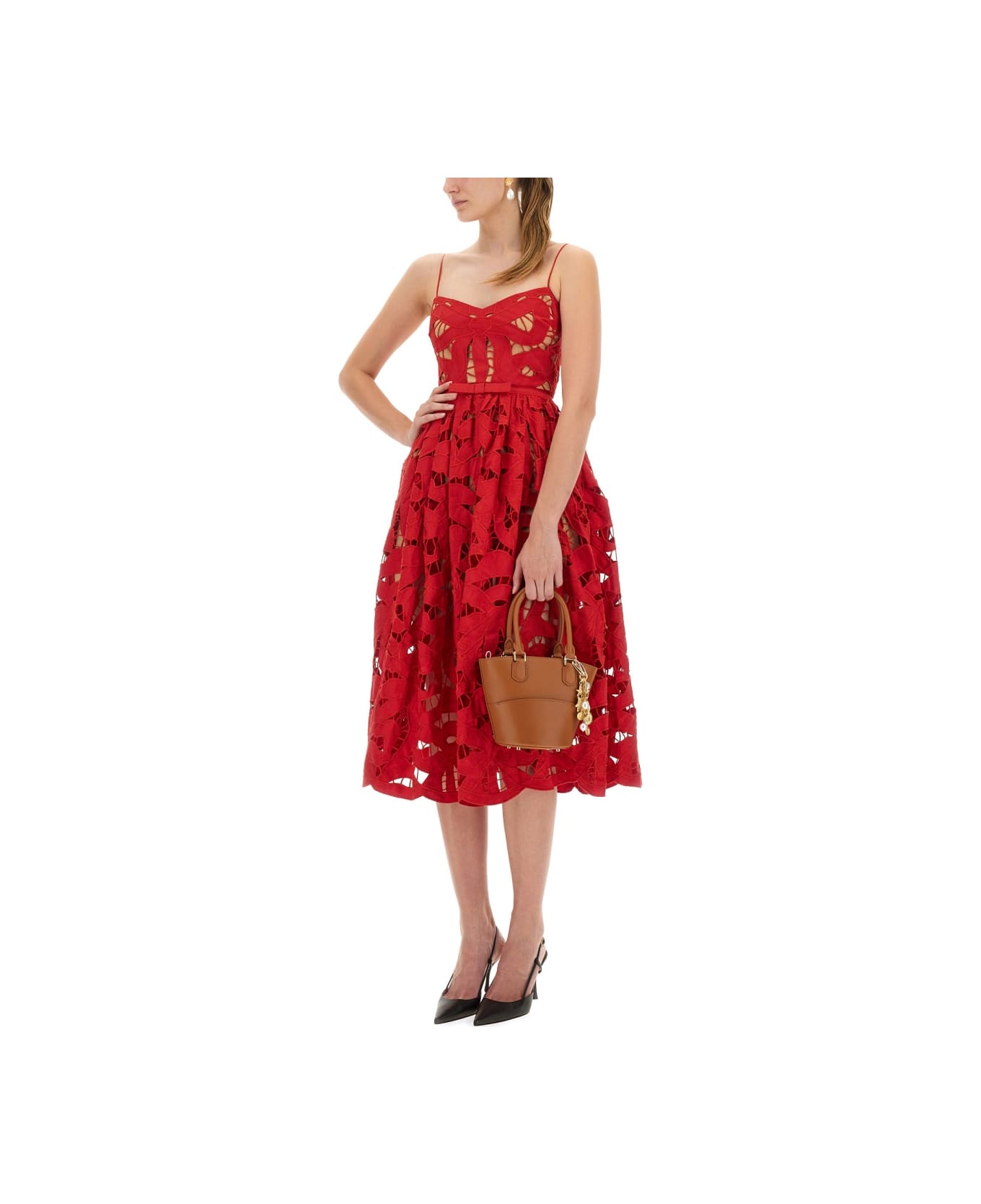 self-portrait Embroidered Midi Dress With Bow - RED