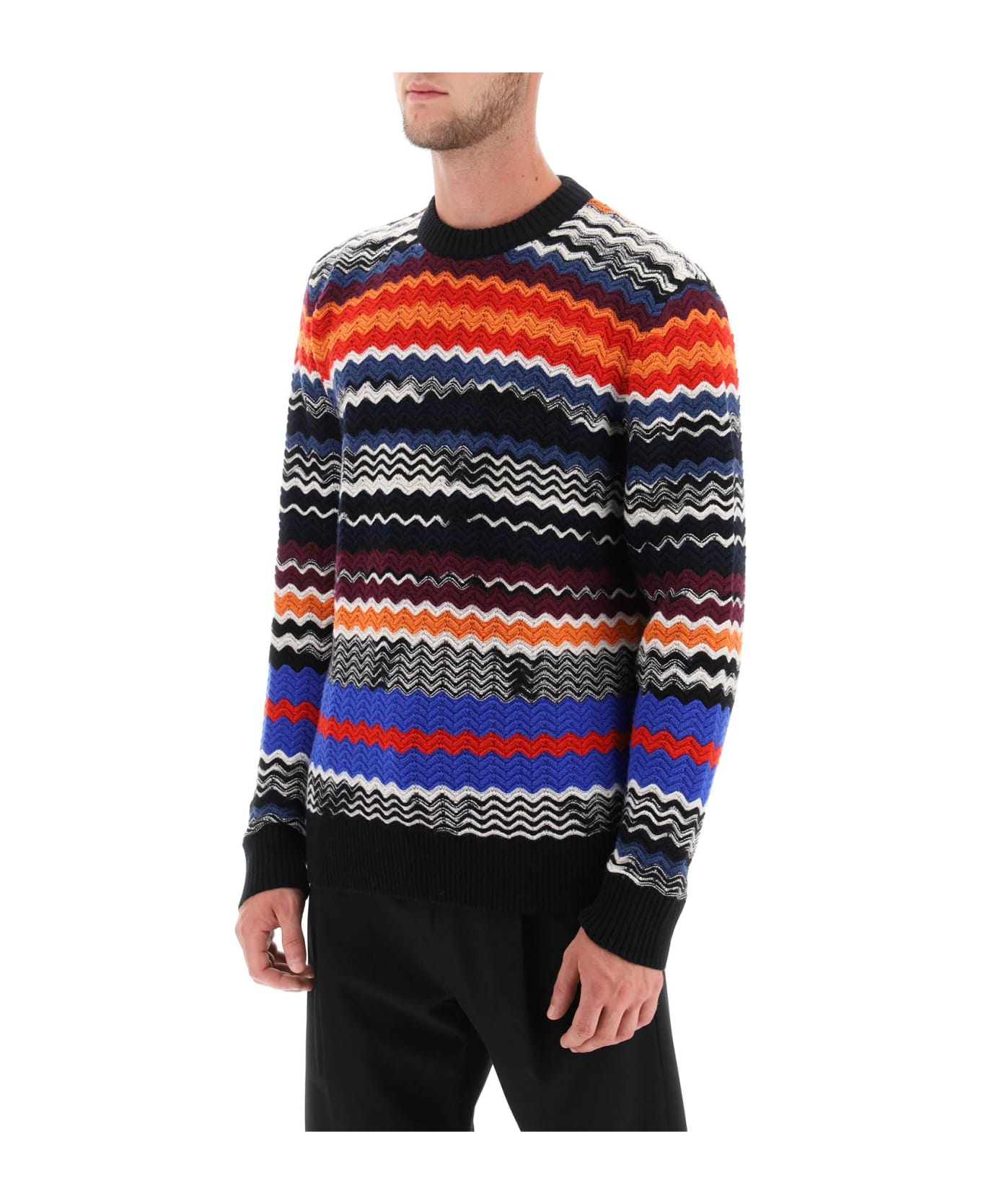 Missoni Crew-neck Sweater With Multicolor Herringbone Motif - BLACK