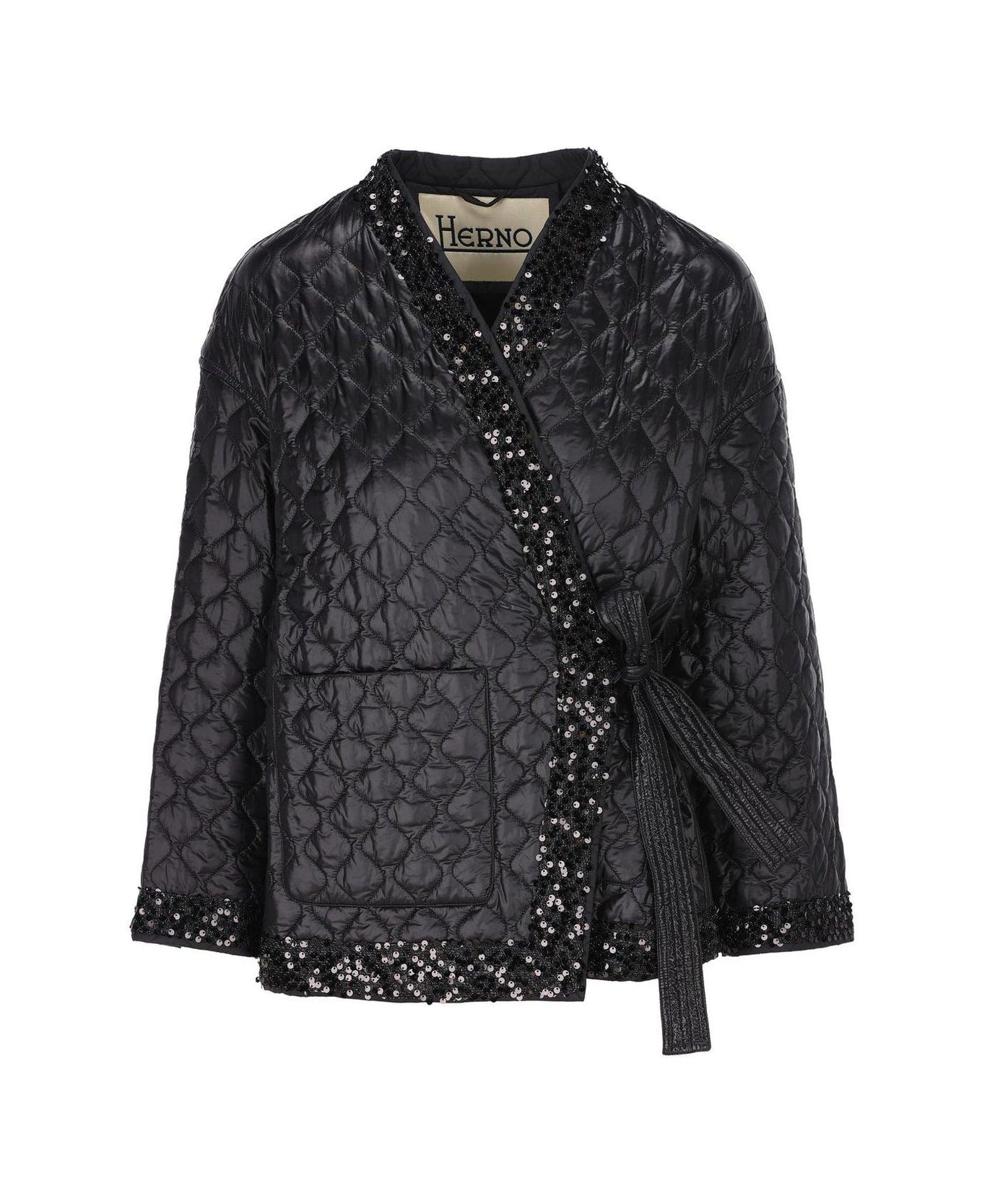Herno Quilted Sequin Embellished Tied-waist Jacket - Nero