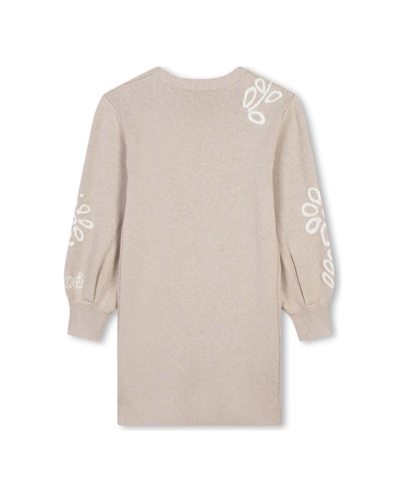 Chloé Beige Crewneck Dress With Embroideries In Cotton And Wool Girl - Beige