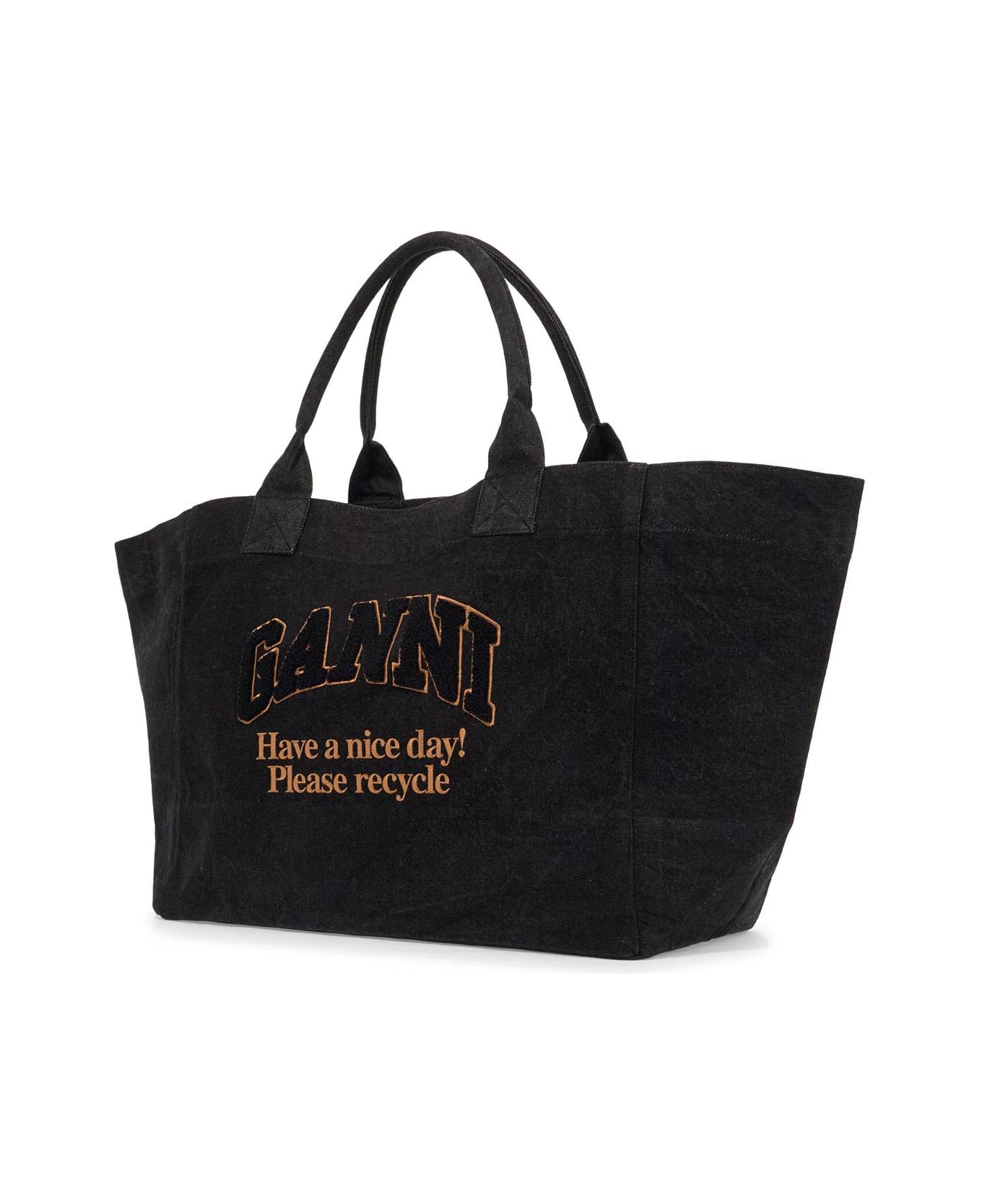 Ganni Denim Logo Tote Bag With 9 - BLACK (Black)