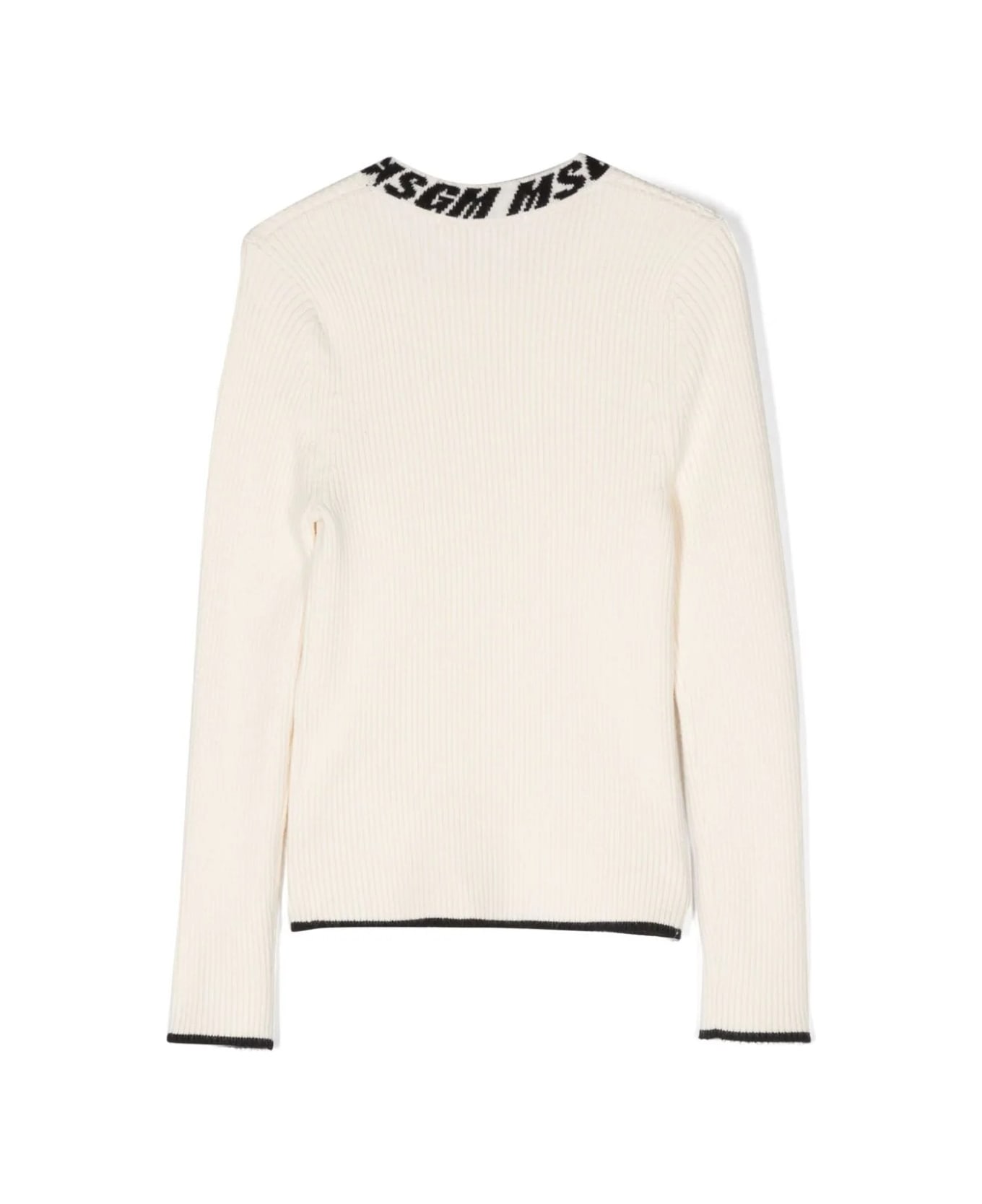 MSGM Cream Ribbed Sweater With Logo On Neck - Crema ニットウェア＆スウェットシャツ