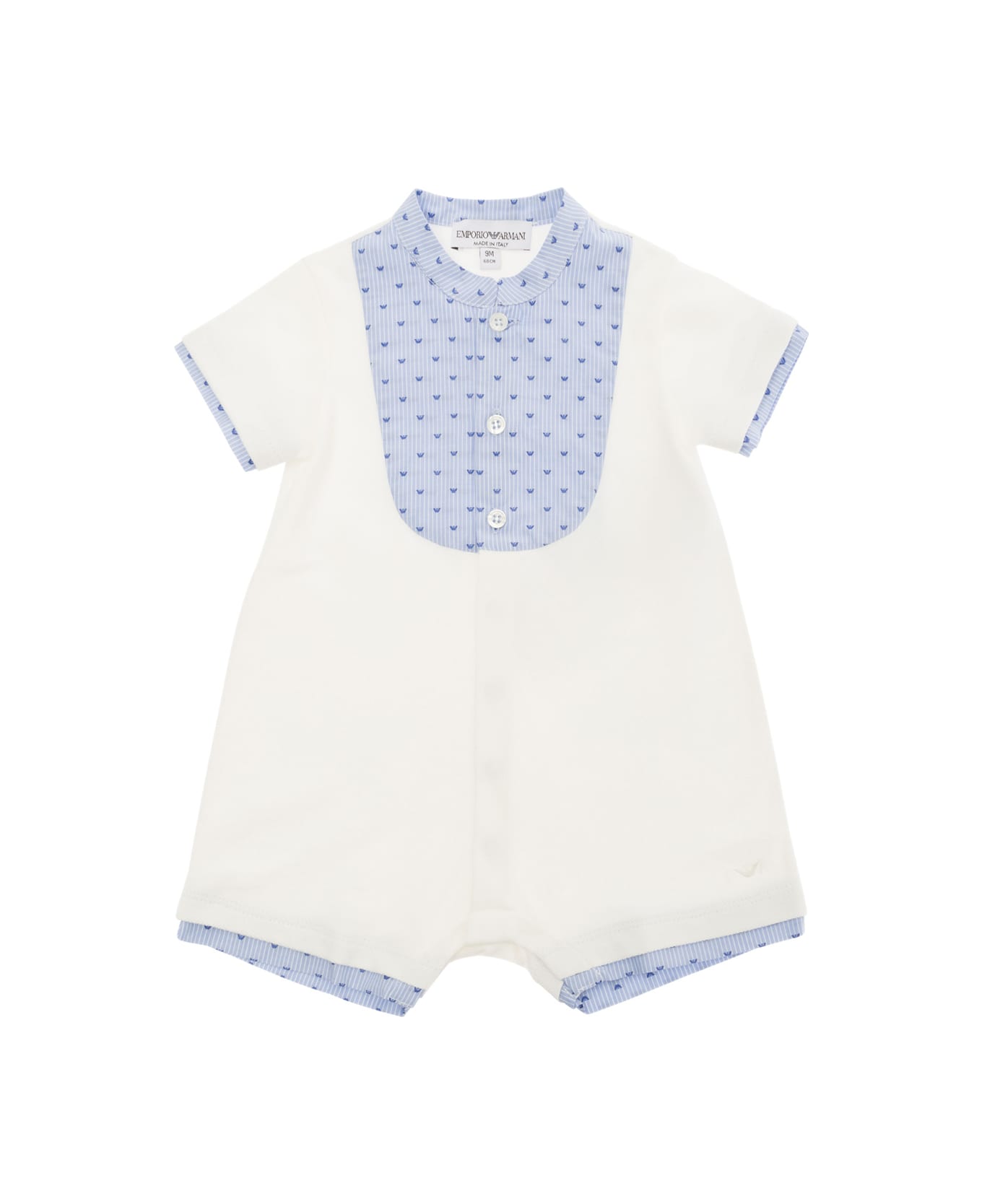 Emporio Armani Light Blue And White Onesie With Stripe And Logo Motif In Cotton Baby - Multicolor