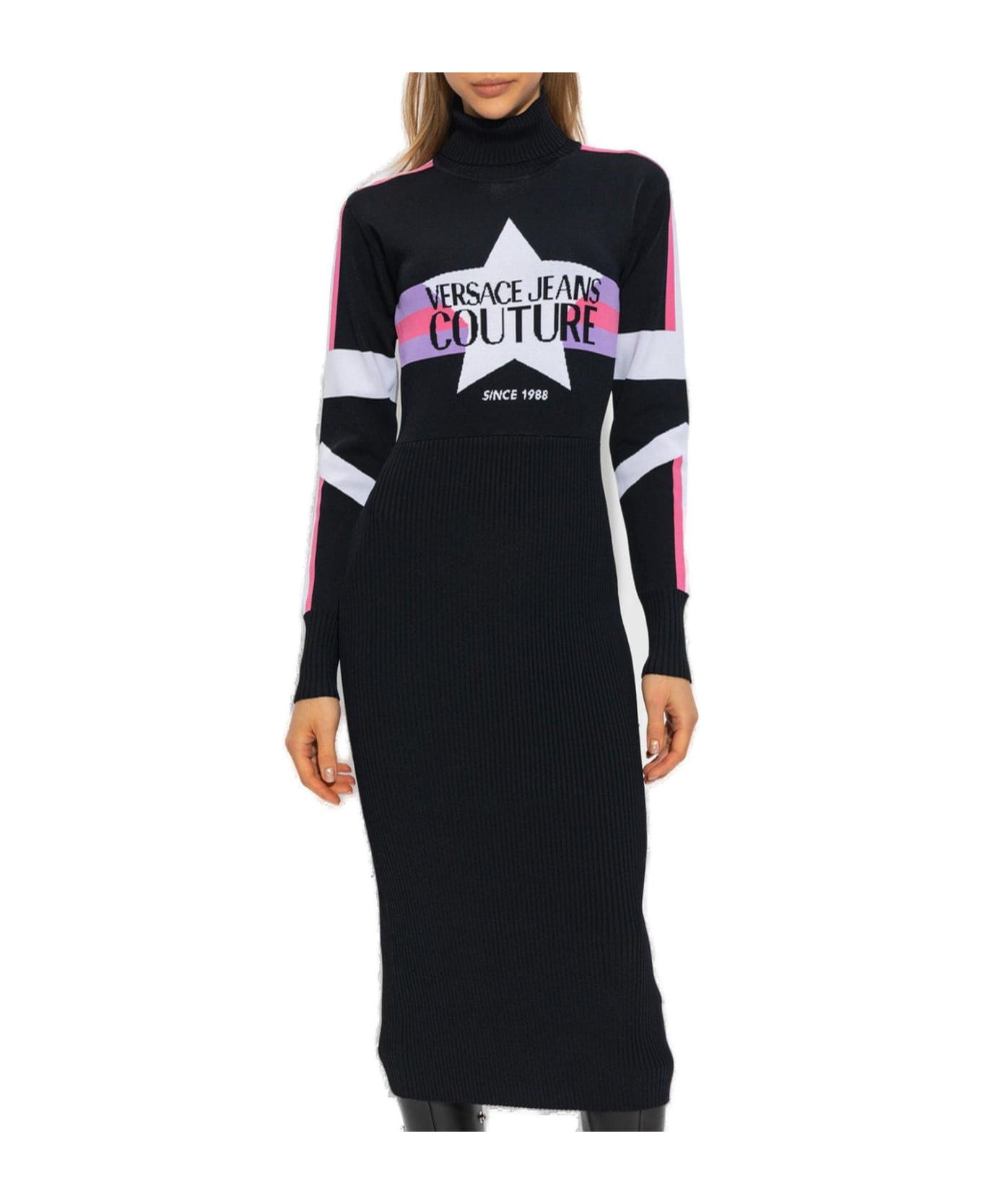 Versace Logo Intarsia-knit Midi Dress - Black
