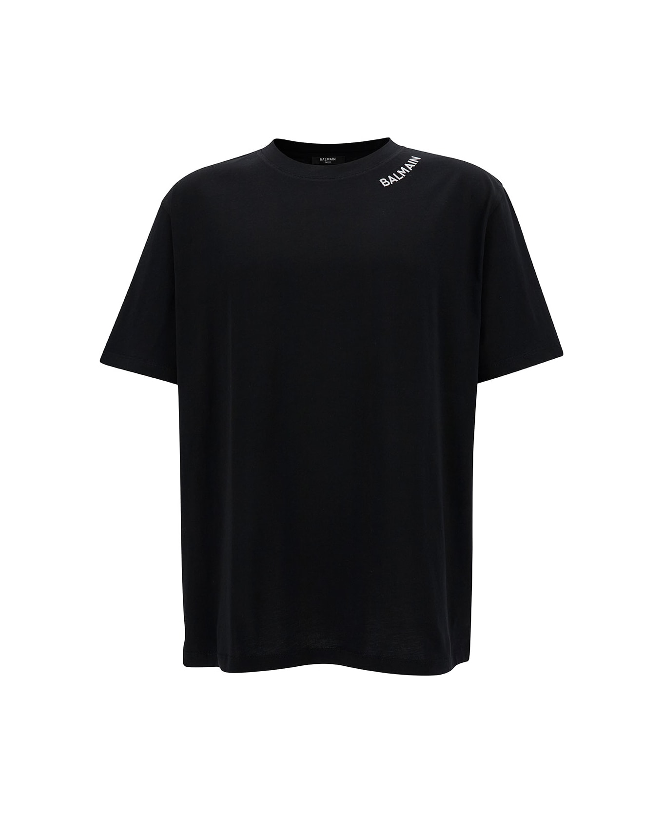 Balmain Black Crewneck T-shirt With Contrasting Logo Embroidery In Cotton Man - Black