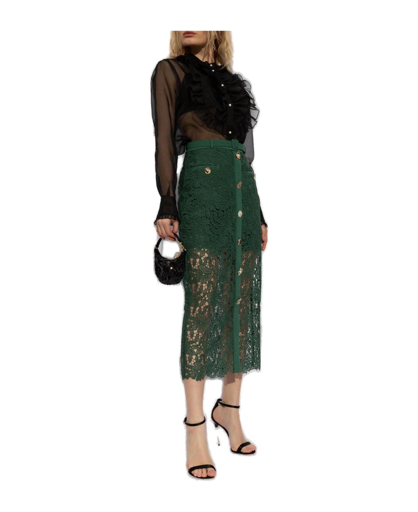 self-portrait Guipure Laced Midi Skirt - Green
