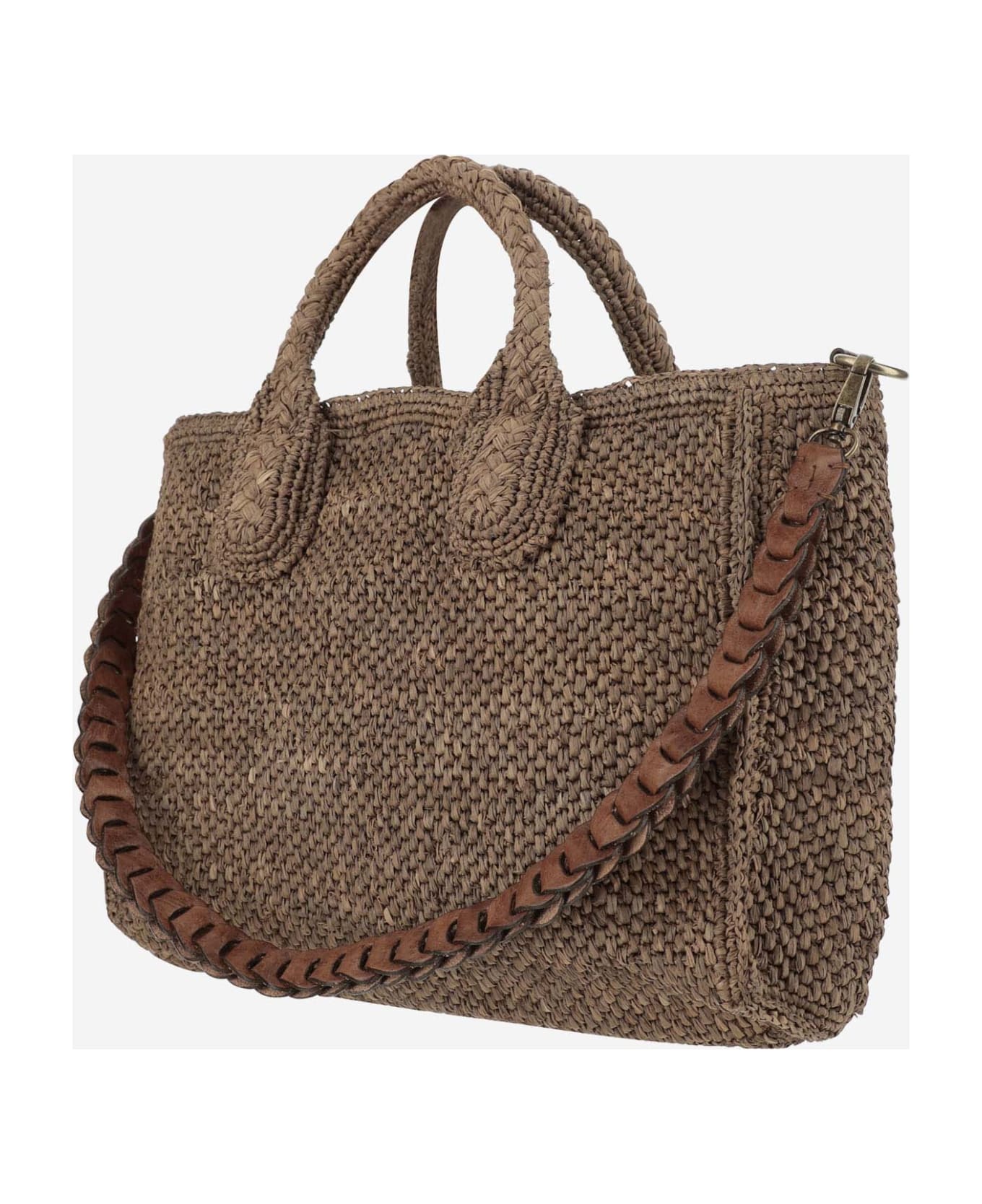 Ibeliv Raffia Bag With Leather Details - Dark tea トートバッグ
