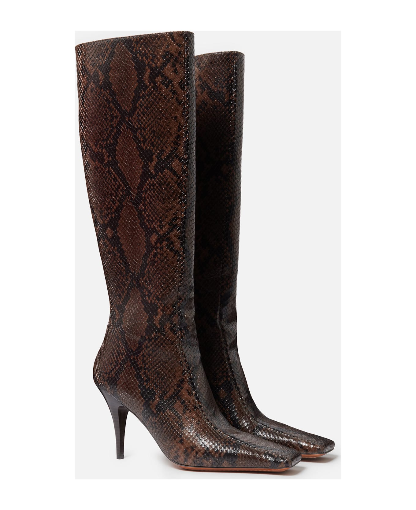 Stella McCartney Knee-high Snake-effect Boots With Stiletto Heel And Squared Toe - Brown