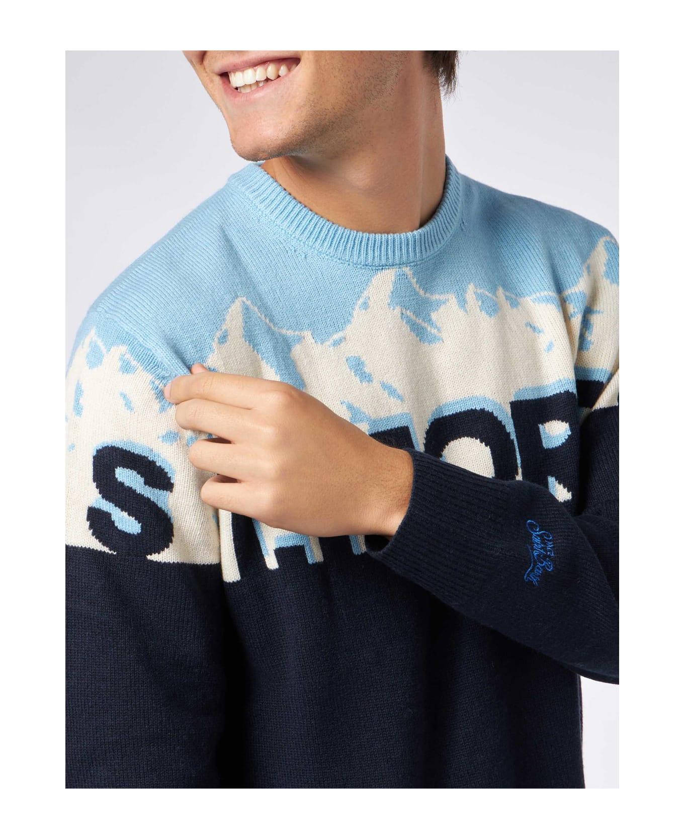 MC2 Saint Barth Man Crewneck Sweater With St. Moritz Postcard Jacquard - BLUE