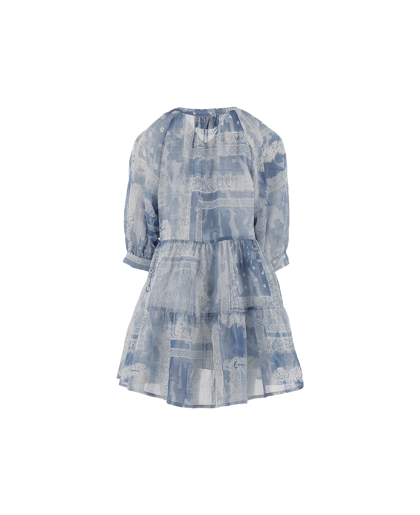 Ermanno Scervino Junior Cotton And Silk Voile Dress With Lace - Blue ワンピース＆ドレス