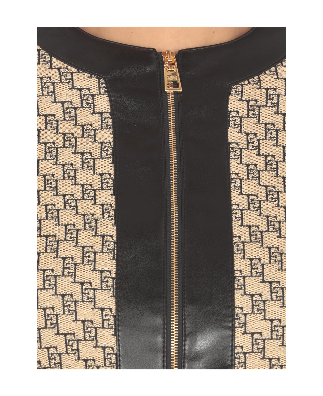 Elisabetta Franchi Cropped Raffia Jacket With Logo - Beige