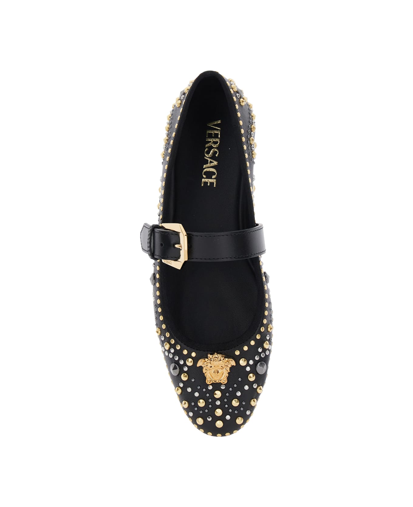 Versace Black Ballerinas With Studs Application And Buckle Closure In Leather Woman - Black