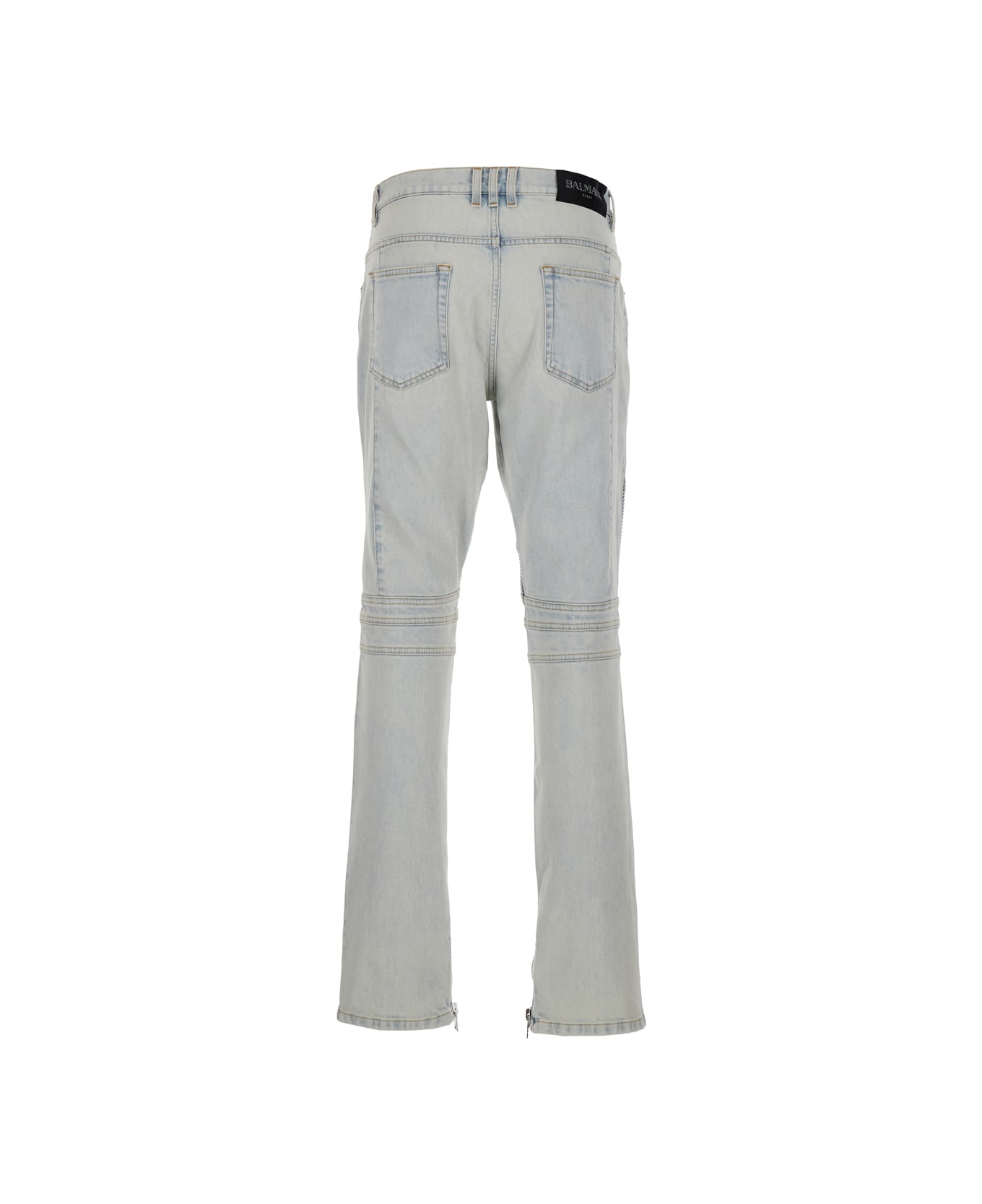 Balmain Light Blue Skinny Jeans With Logo Patch And Ribbed Knees In Stretch Cotton Denim Man - Light blue