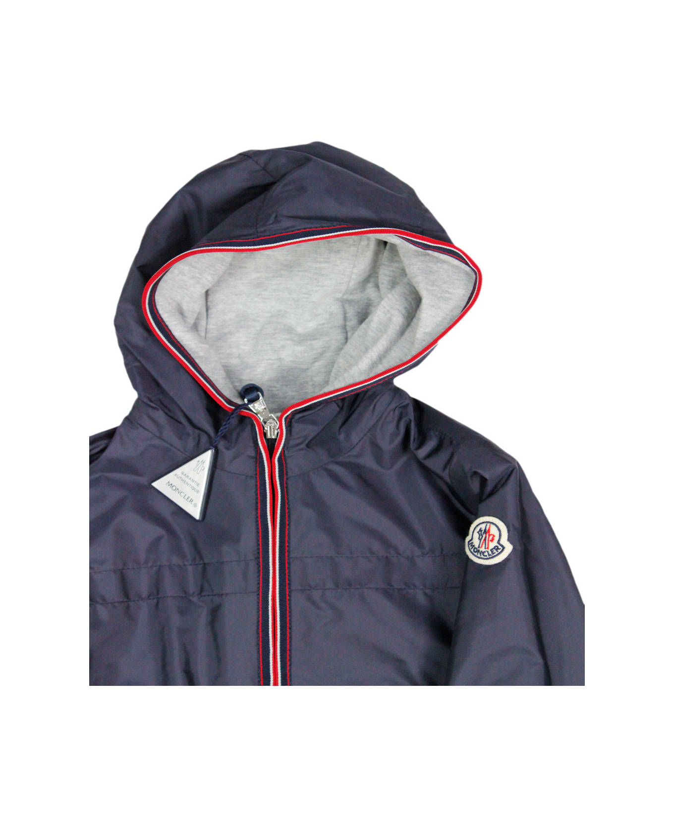 Moncler Windproof Jacket In Technical Fabric With Hood And Cotton Lining. Colored Profile On The Zip And Hood - Blu
