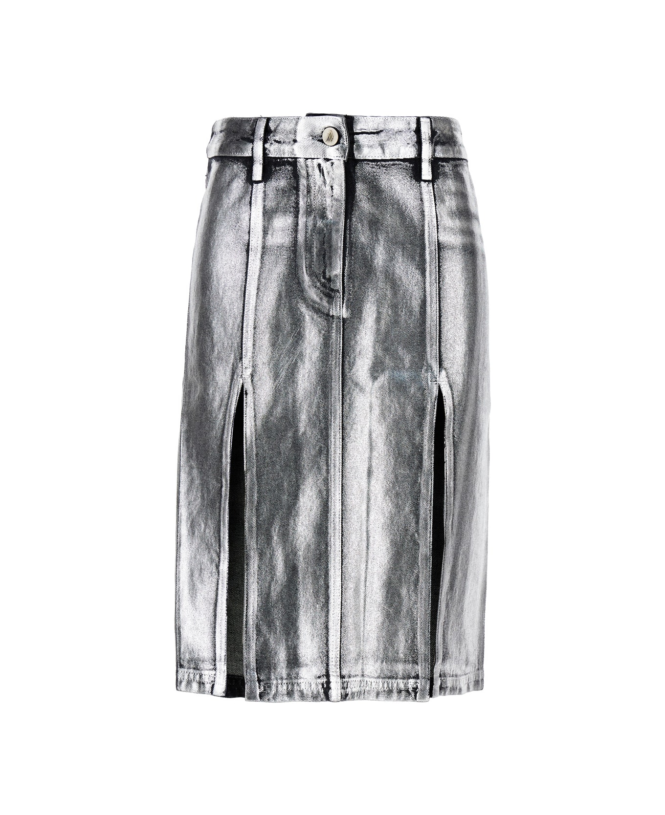 The Attico Metallic Midi Skirt With Two Front Splits And Logo Detail On The Button In Cotton Woman - Metallic