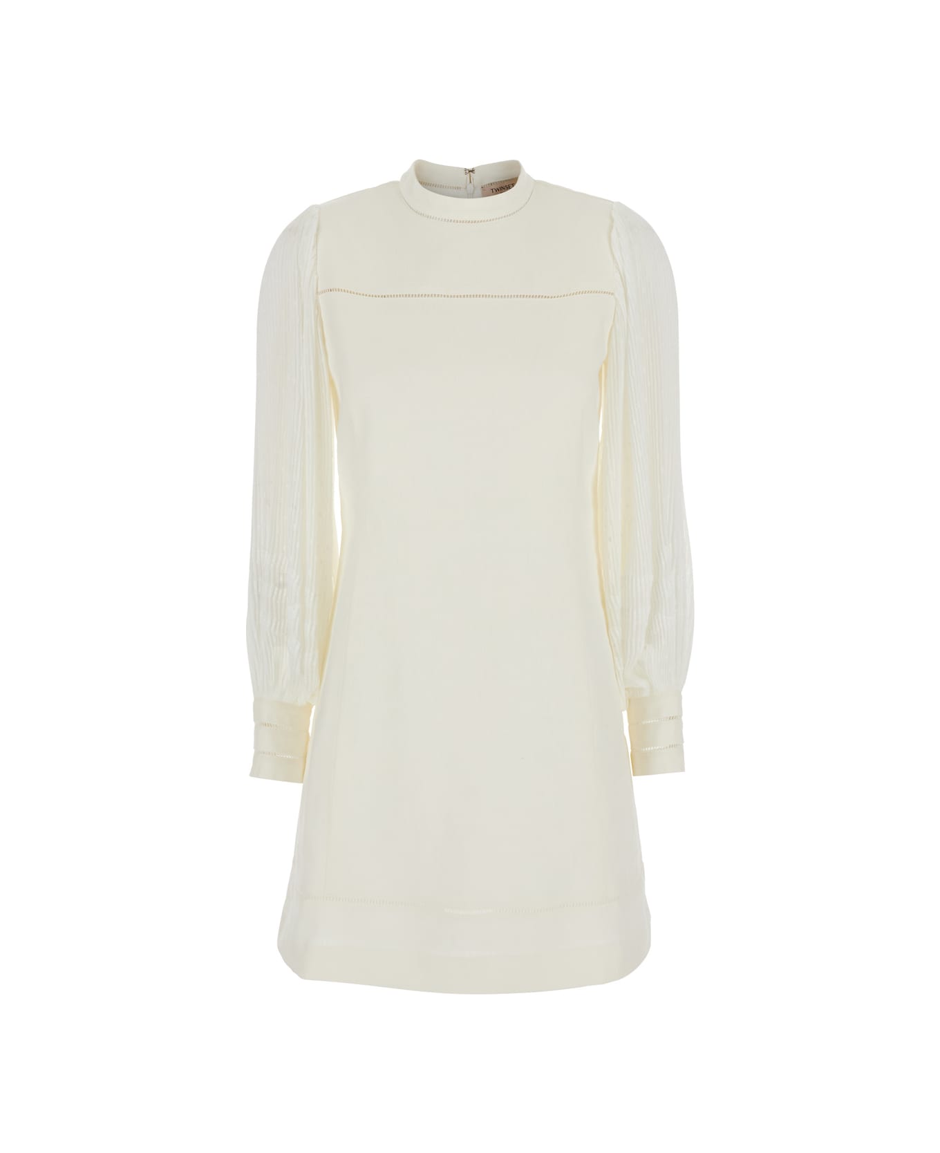 TwinSet White Dress With Logo Plaque On The Back And Openwork Detail On The Cuffs In Linen And Cotton Blend Woman - Ice