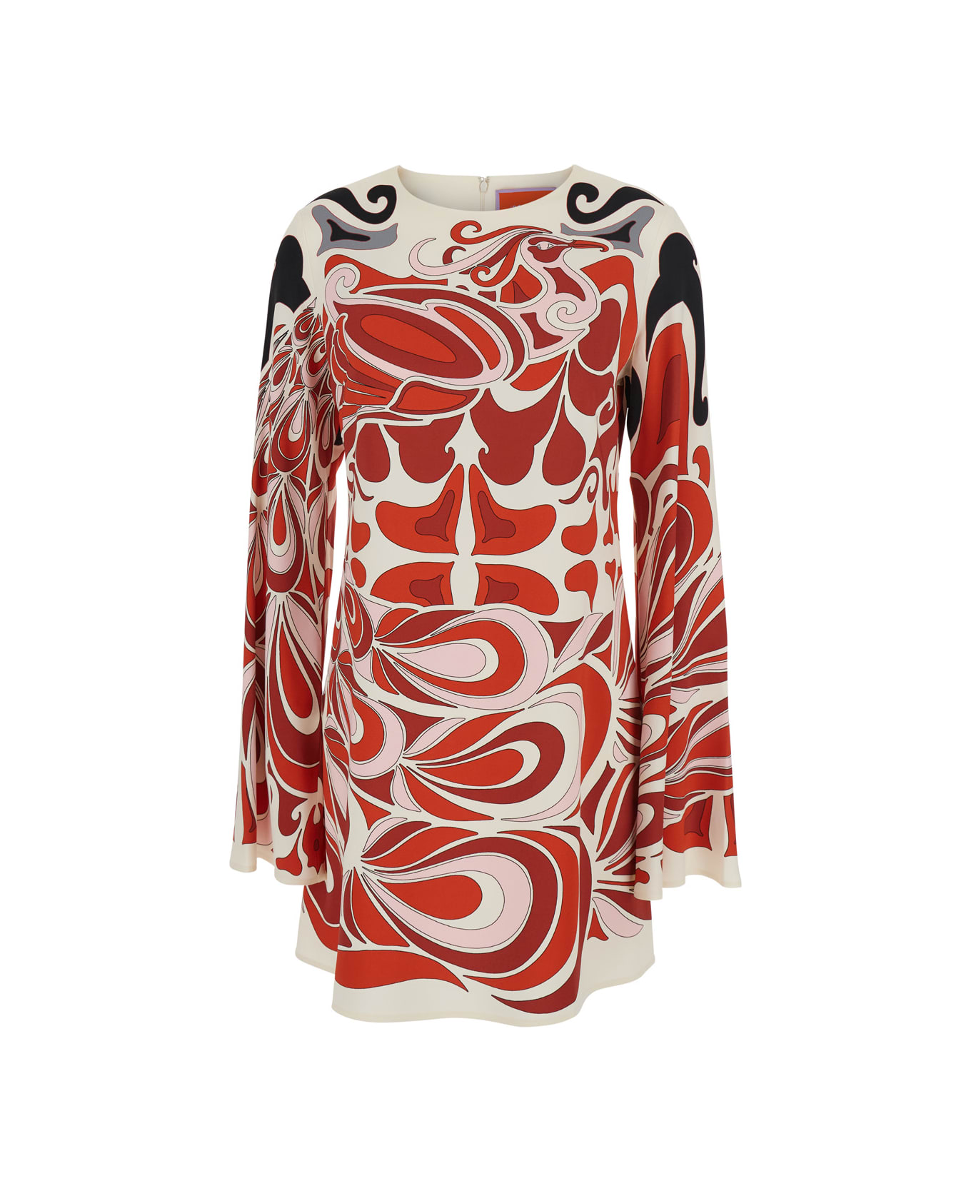 La DoubleJ Multicolor Crewneck Mini Dress With Flared Sleeves And All-over Geometric Motif In Viscose Stretch Woman - Multicolor