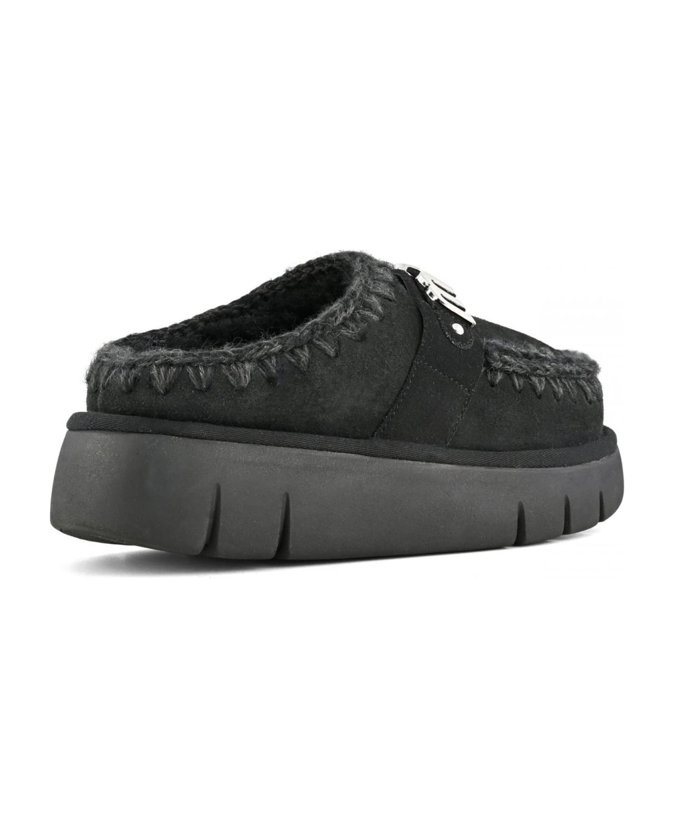 Mou Bounce Black Mules With Logo Lettering And Open Rear In Suede Woman - black