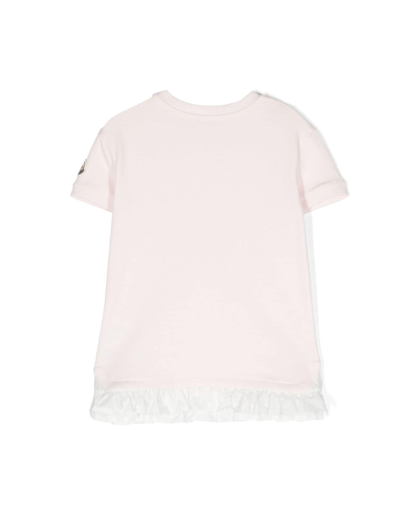 Moncler Pink Crewneck Dress With Logo Patch In Polyamide Baby - White