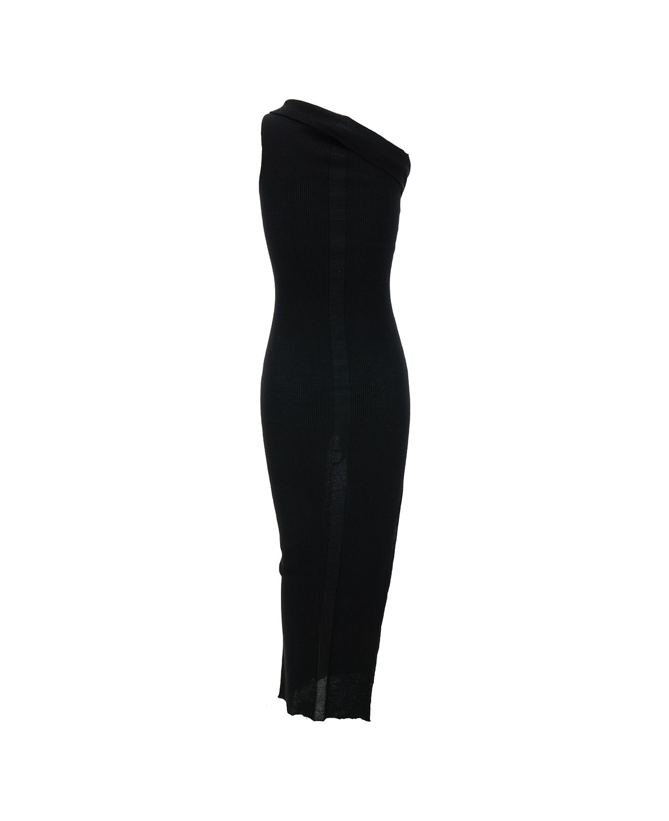 Rick Owens 'athena' Long Black Ribbed One Shoulder Dress In Wool Woman - Black