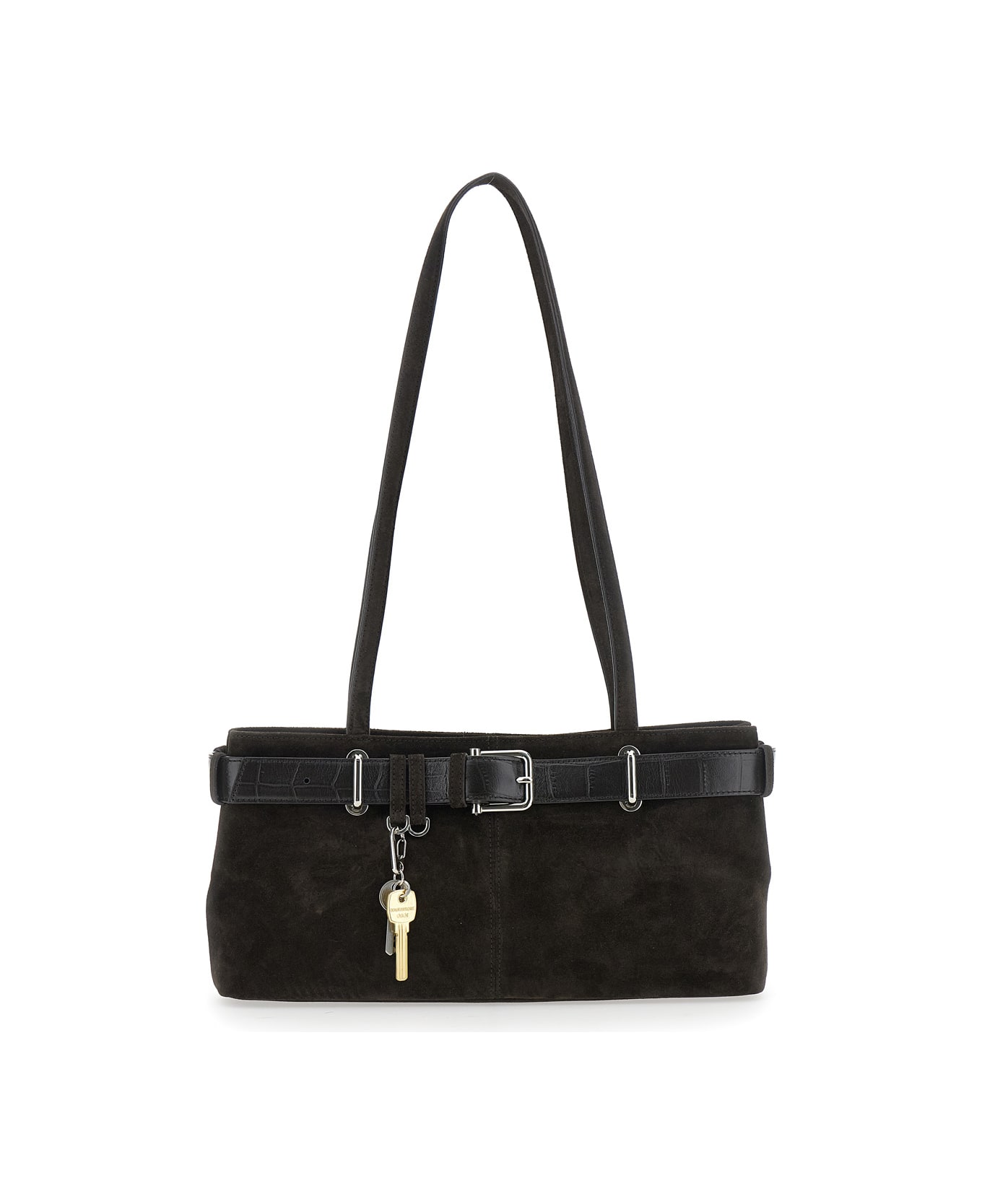 OSOI Brown Shoulder Bag With Belt Detail And Pendant Keys In Suede Woman - Brown