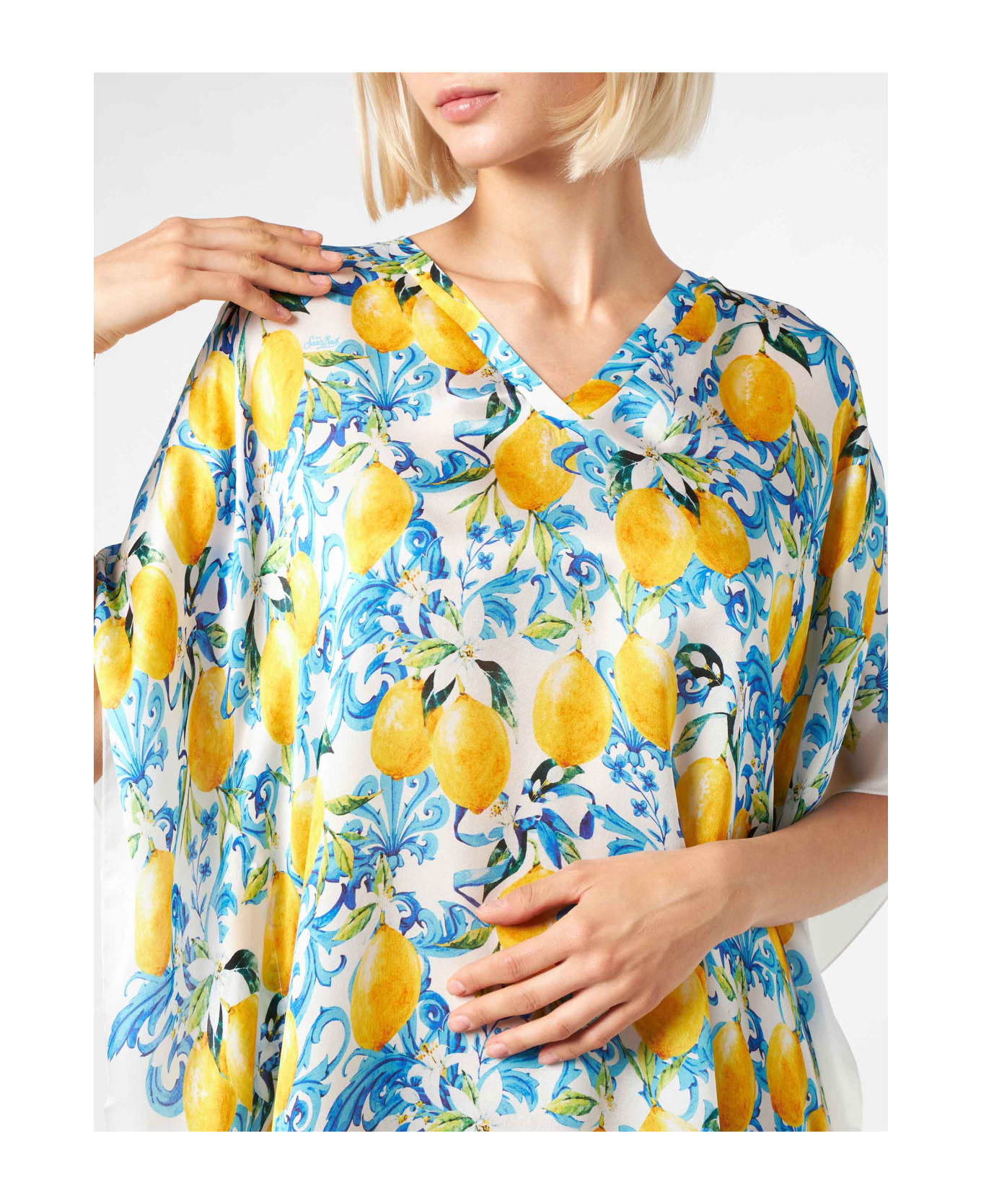 MC2 Saint Barth Lemons And Maiolica Print Silk Caftan - WHITE
