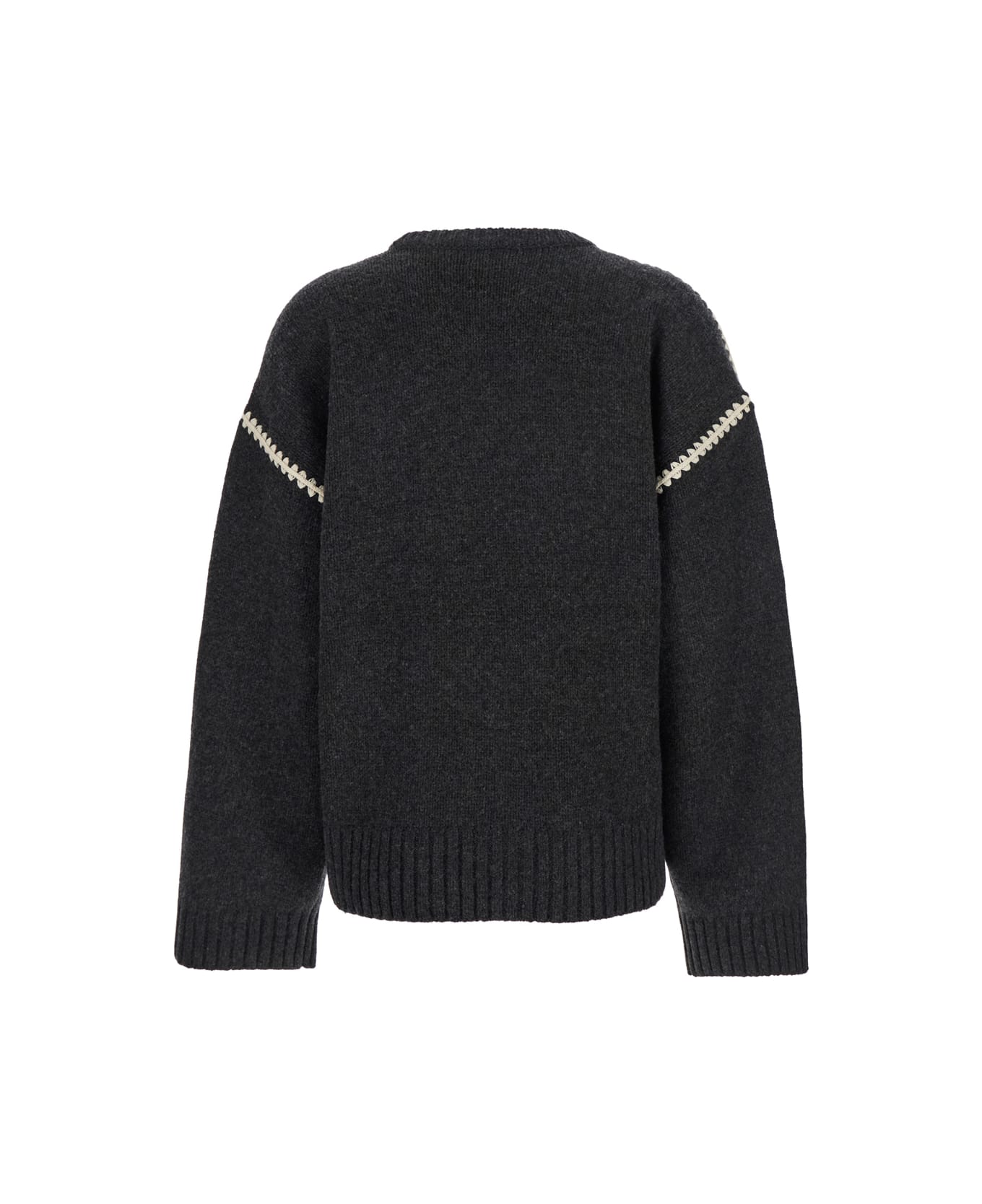 Totême Grey Crewneck Sweater With Embroidery Detail On The Sleeve In Wool And Cashmere Blend Woman - Grey
