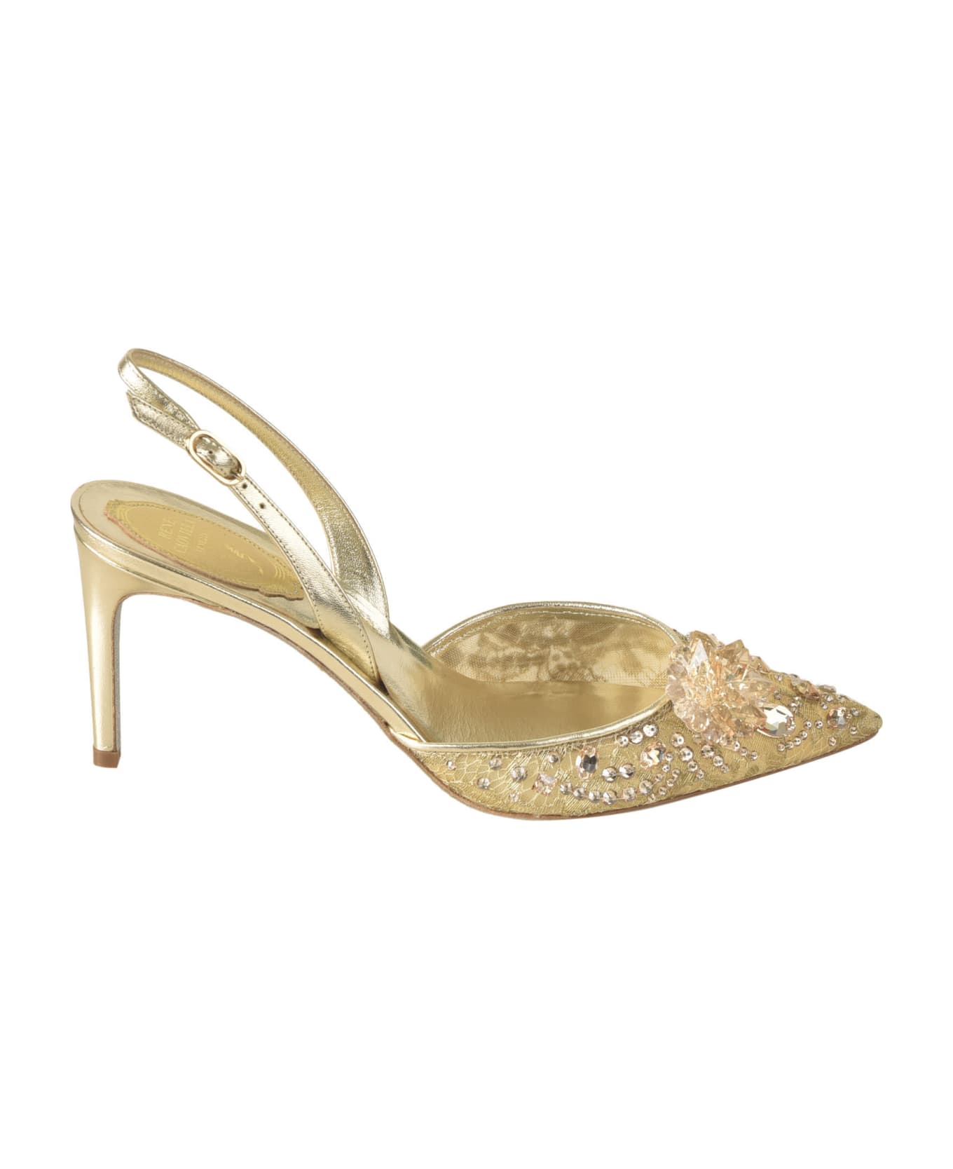 René Caovilla Crystal Embellished Slingback Pumps - Gold