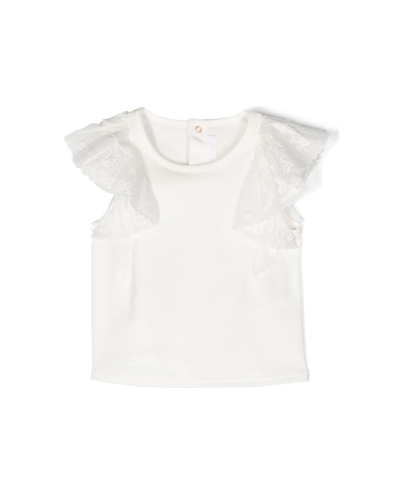 Chloé White T-shirt With Flutter Ruched Sleeves In Cotton Girl - White トップス