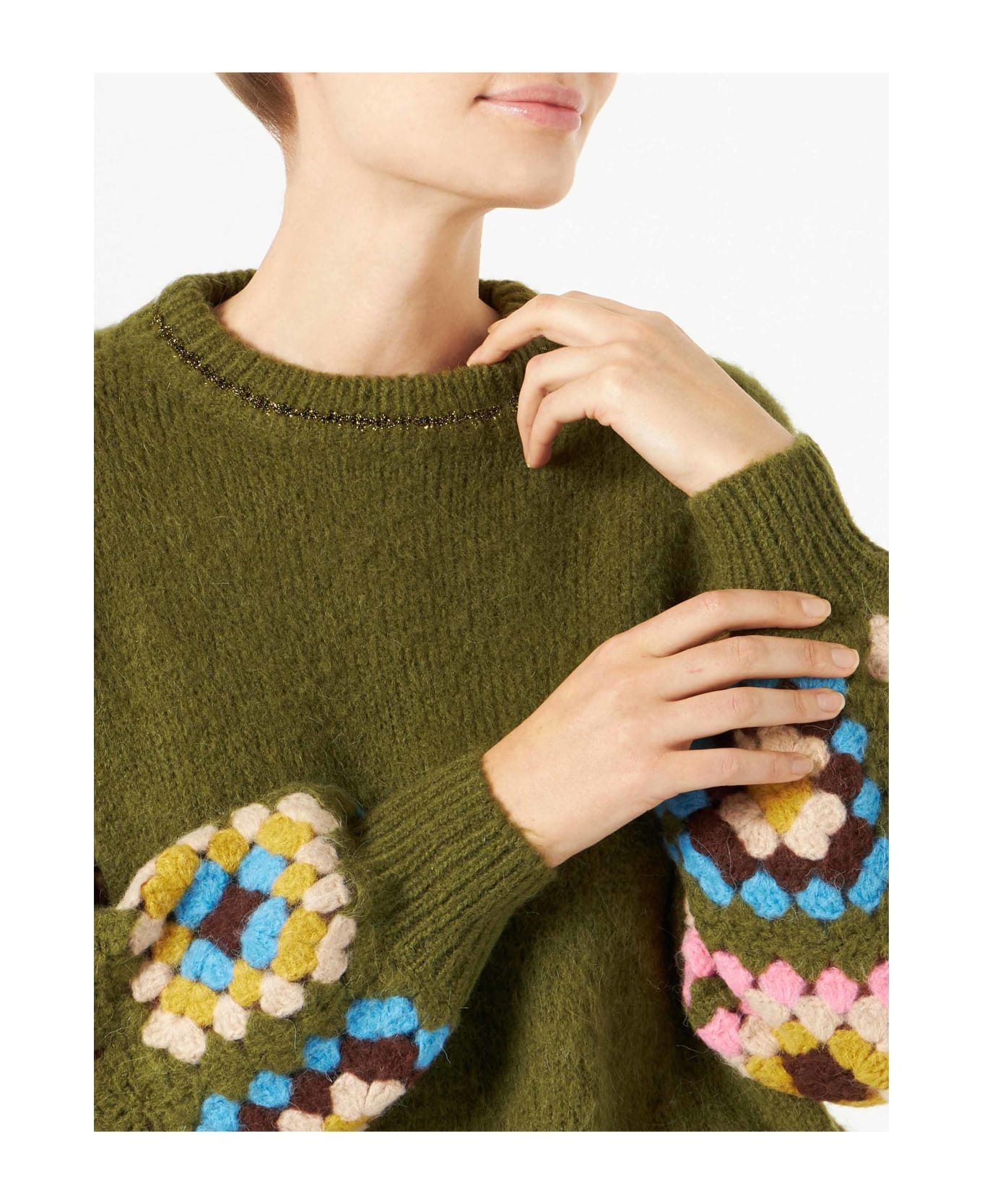 MC2 Saint Barth Woman Ultra Soft Crewneck With Handmade Crochet Sleeves - GREEN