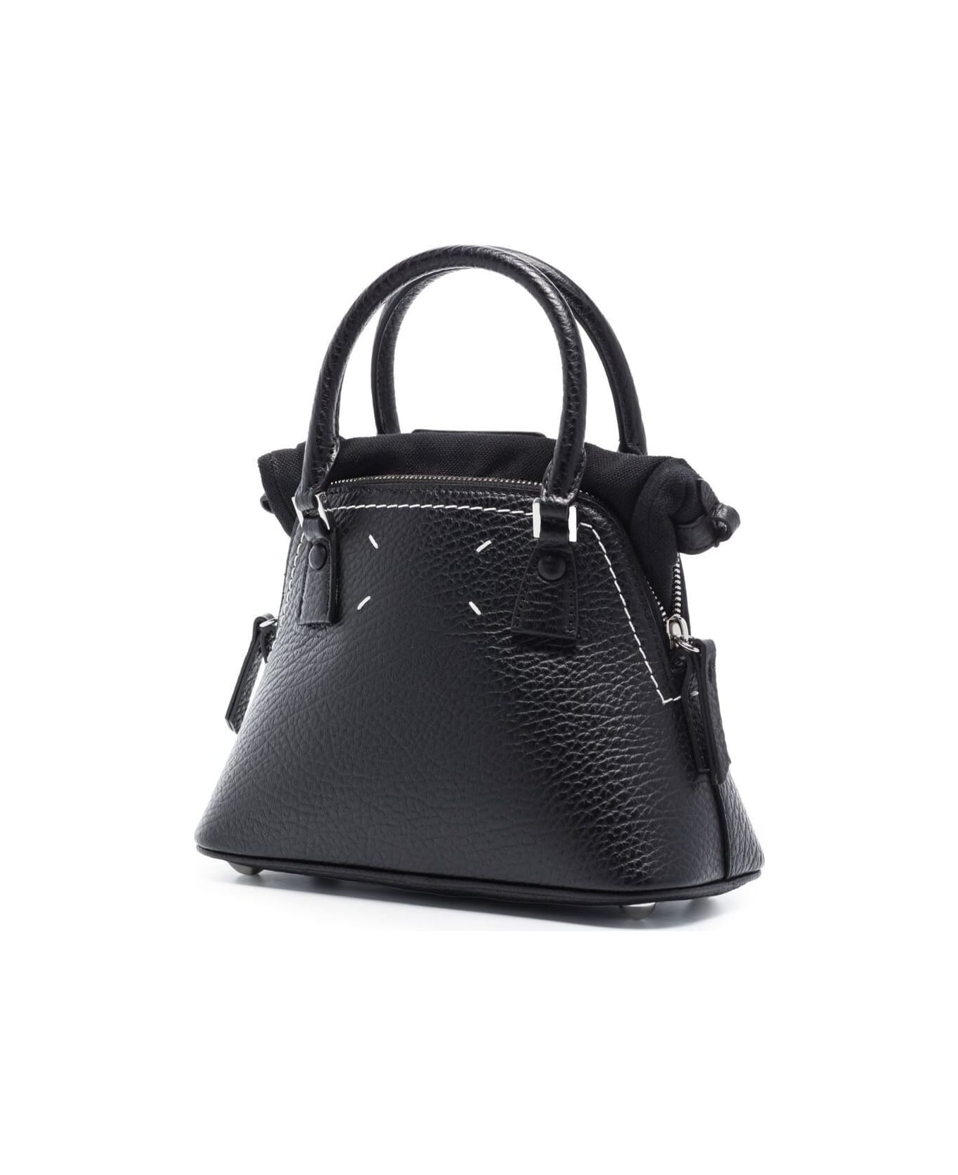 Maison Margiela '5ac Micro' Black Shoulder Bag With Logo Label In Grainy Leather Woman - Black