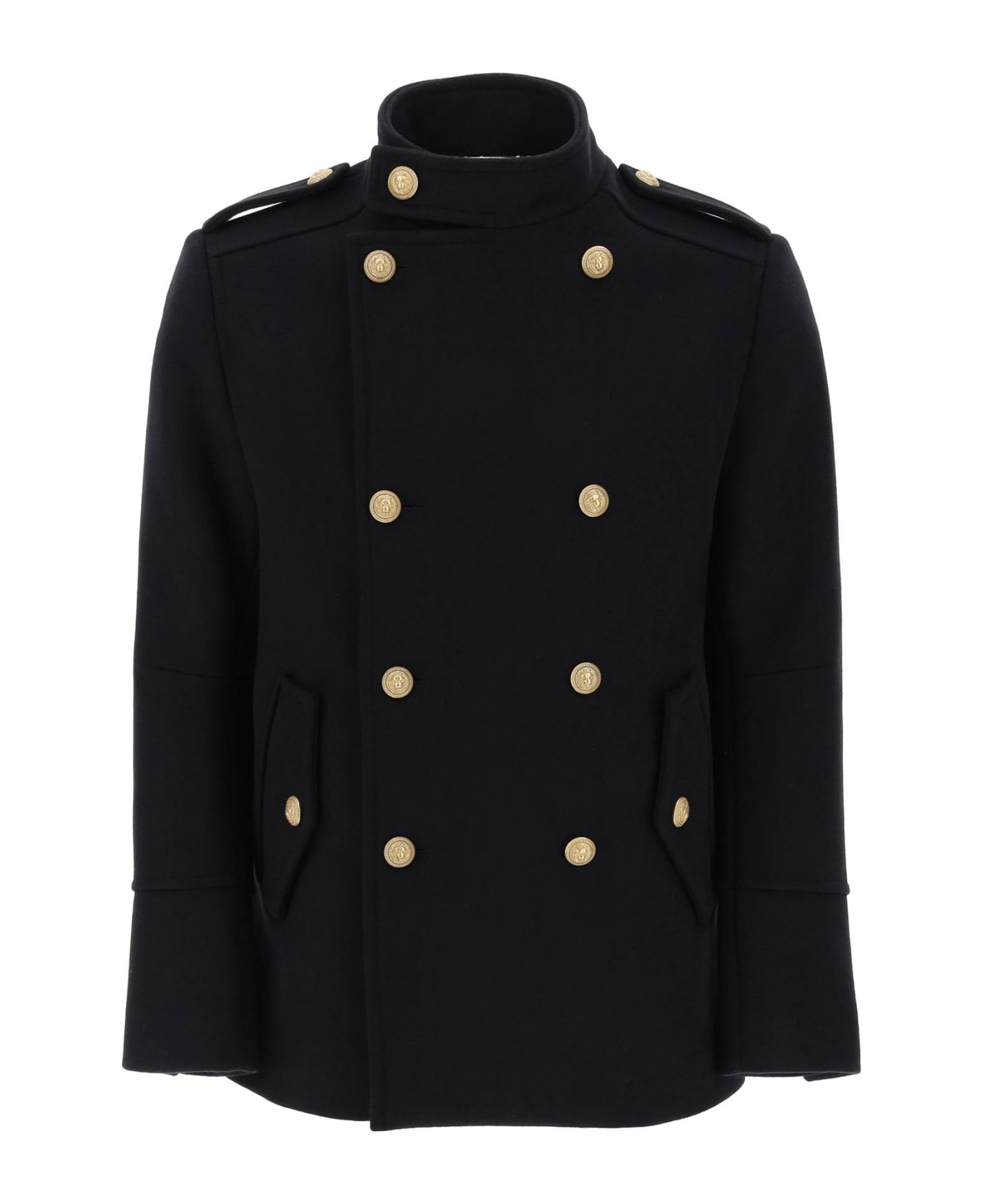 Balmain Double-breasted Peacoat With Embossed Buttons - Black コート