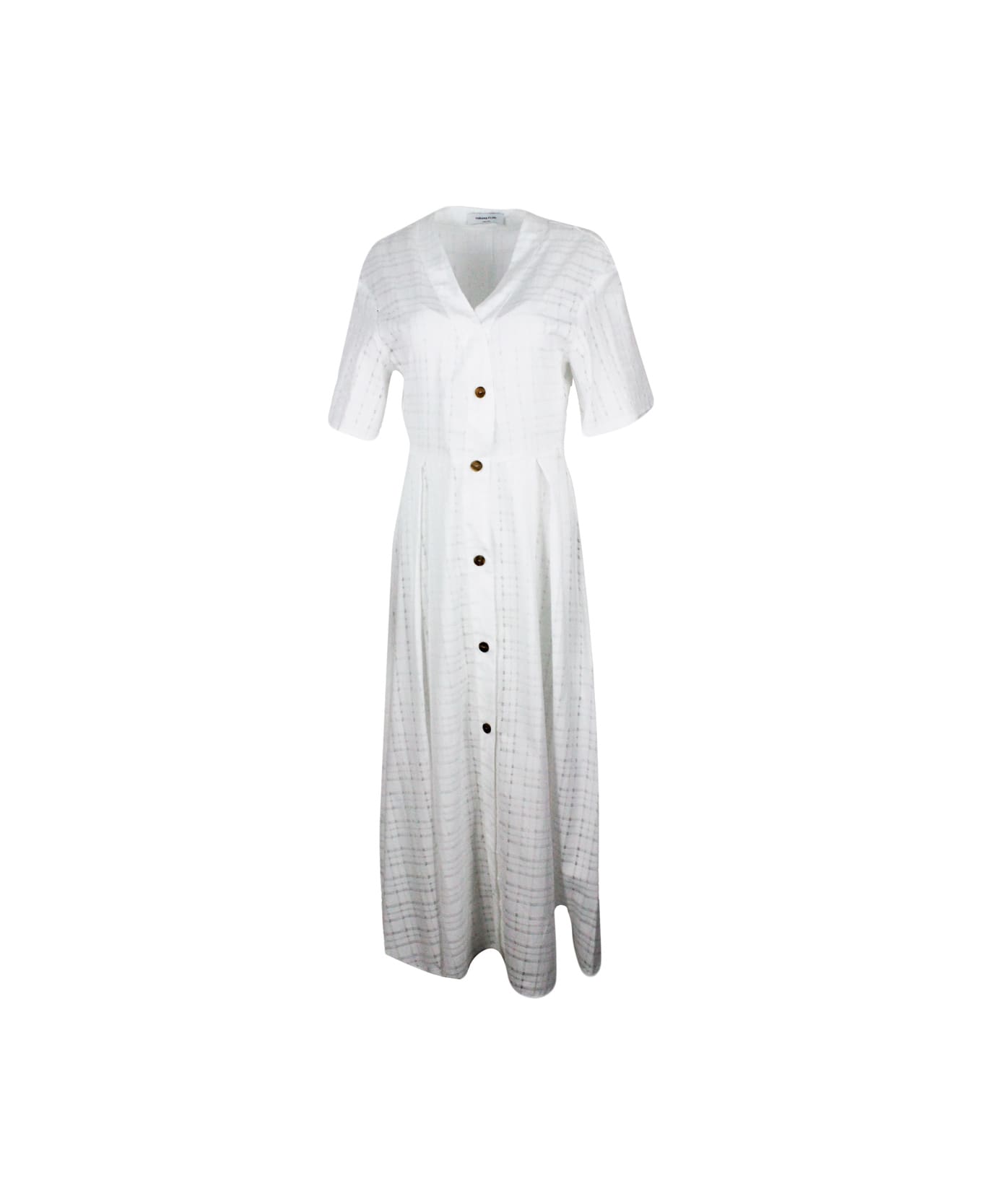 Fabiana Filippi Long Dress In Short-sleeved Stretch Cotton With Button Closure And Textured Work - White
