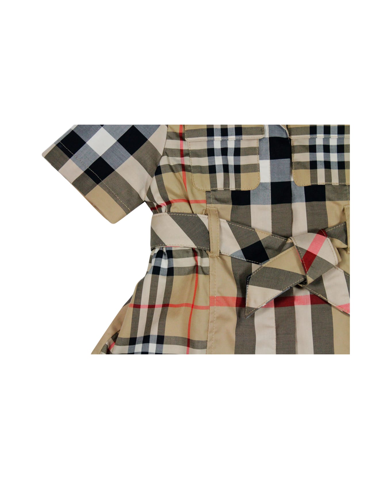 Burberry Short-sleeved Cotton Dress With Tartan Check Pattern And Button Closure On The Front - Beige ボディスーツ＆セットアップ