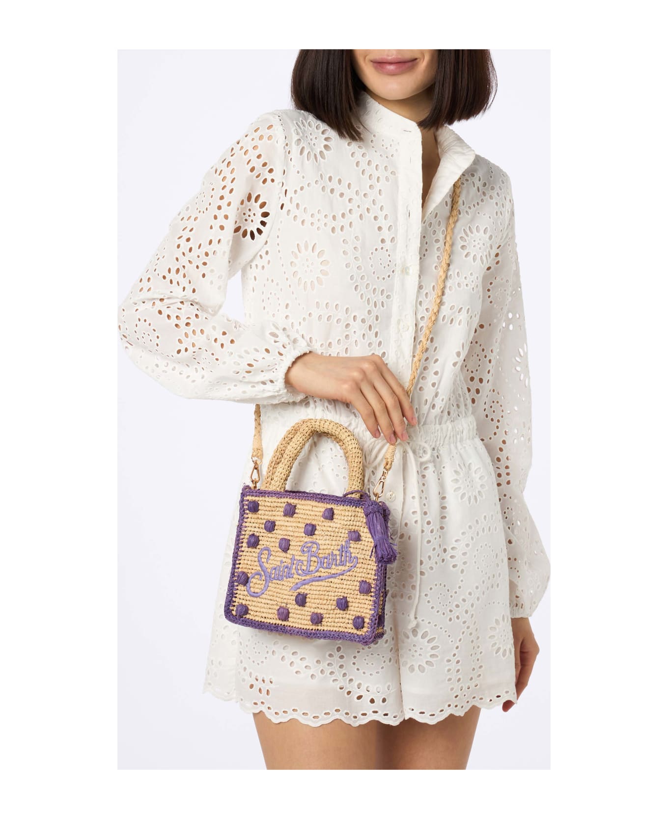 MC2 Saint Barth Beige Natural Mini Vanity Raffia Bag With Polka Dot Appliqués - PINK