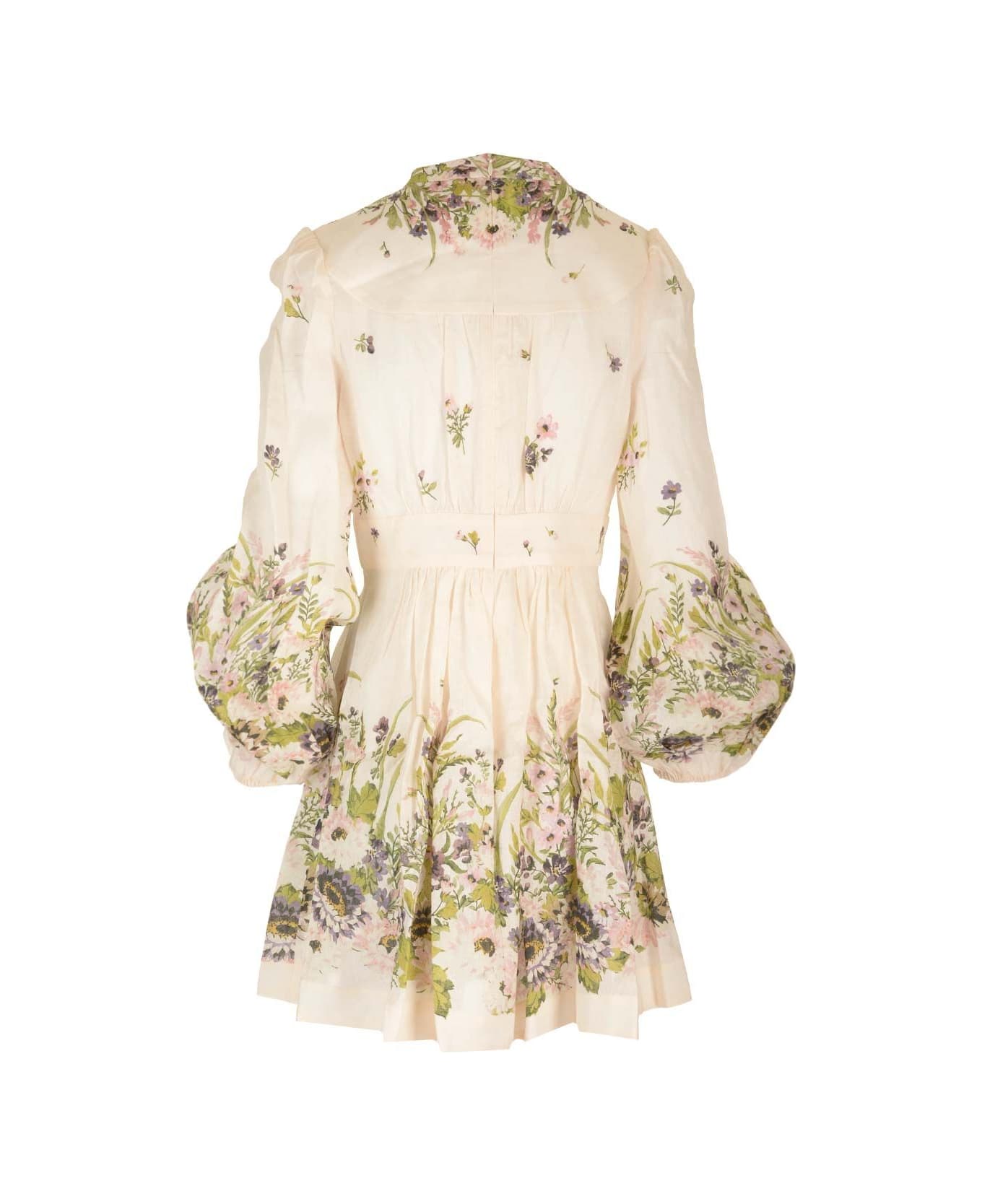 Zimmermann Halliday Plunge Mini Dress - Cream multi floral