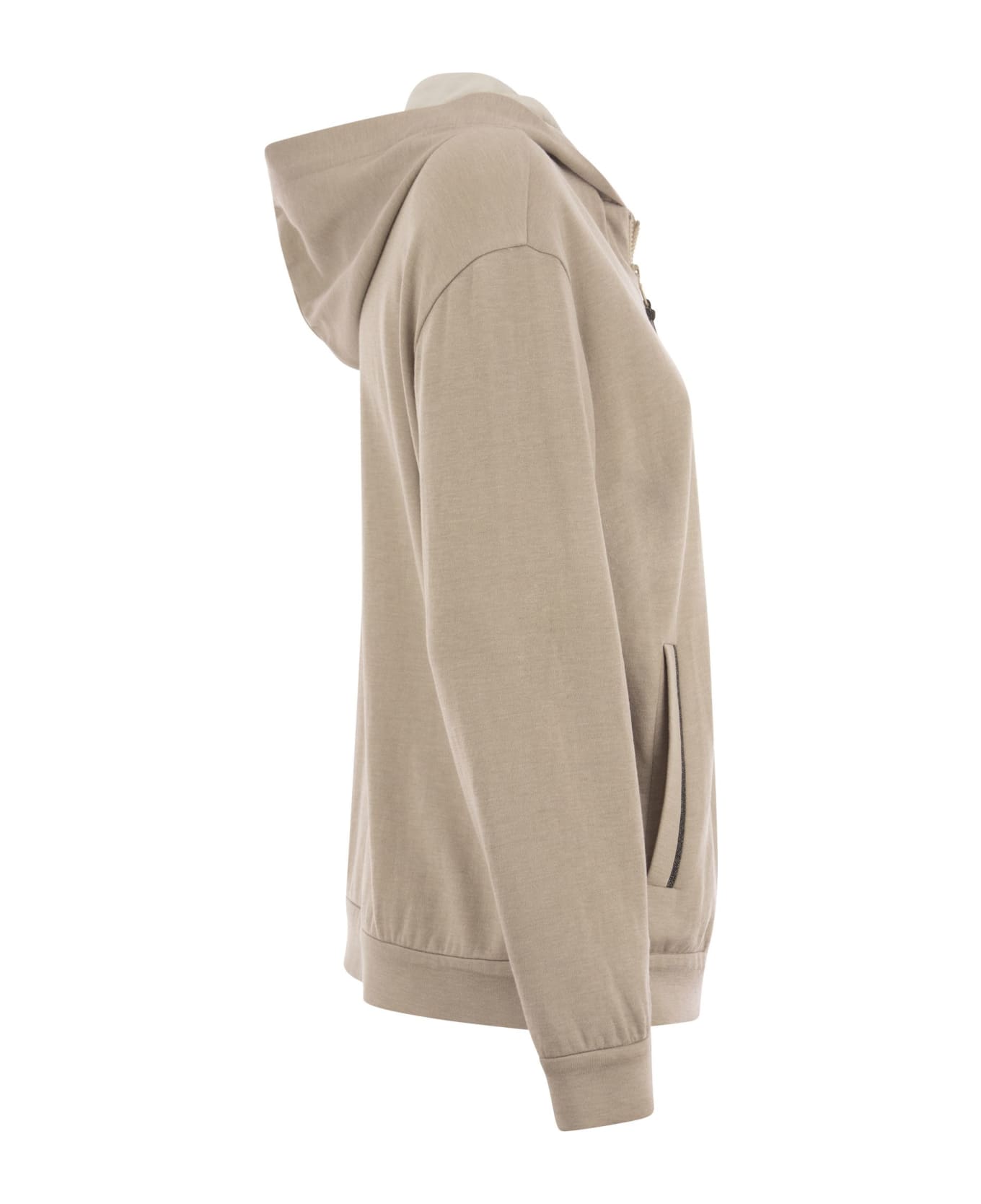 Brunello Cucinelli Cotton And Silk Sweatshirt With Hood And Monili On The Zip - Beige