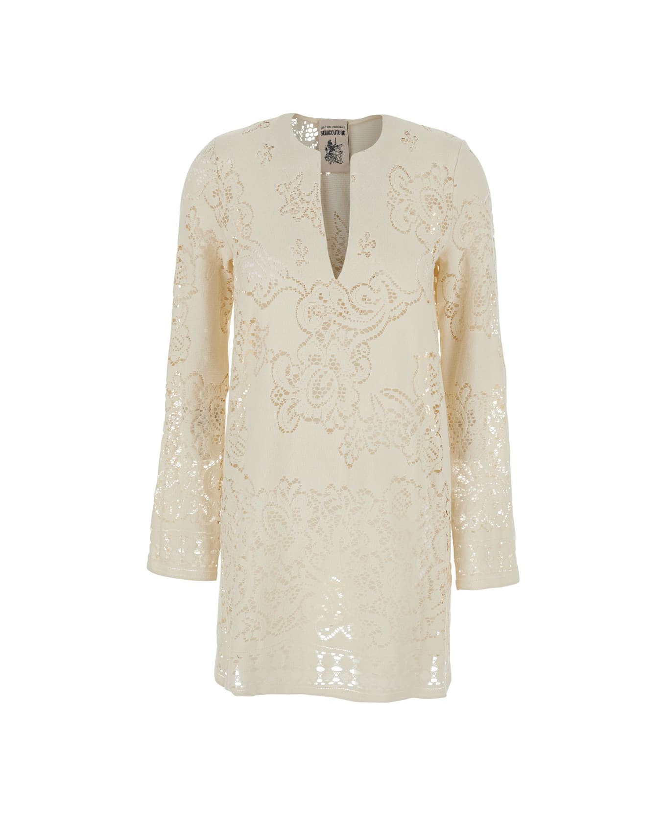 SEMICOUTURE White Dress With Deep V-neck And Lace Details In Cotton Blend Woman - White